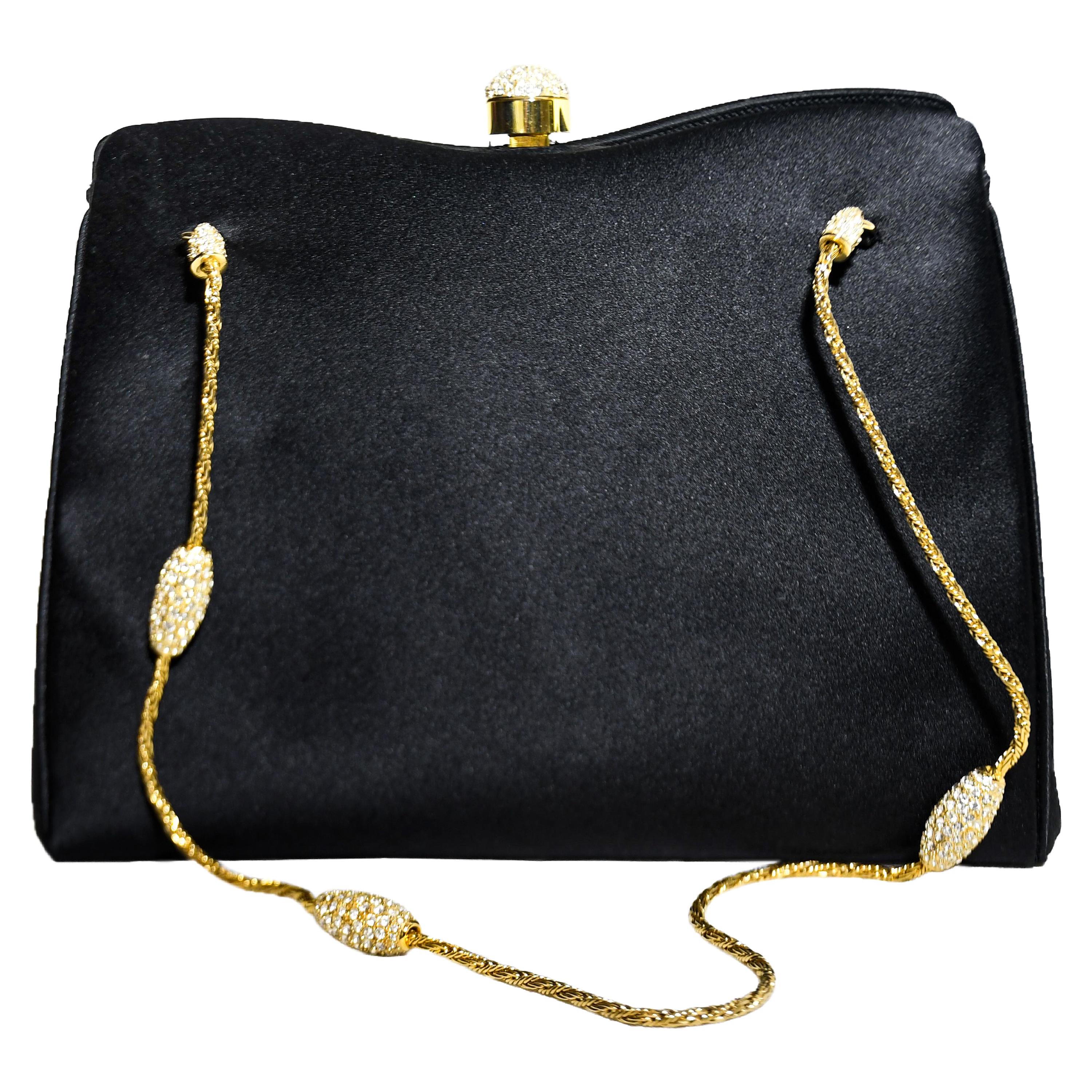 Judith Leiber Black Satin Bag With Gold Tone & Crystal Top Handle For Sale