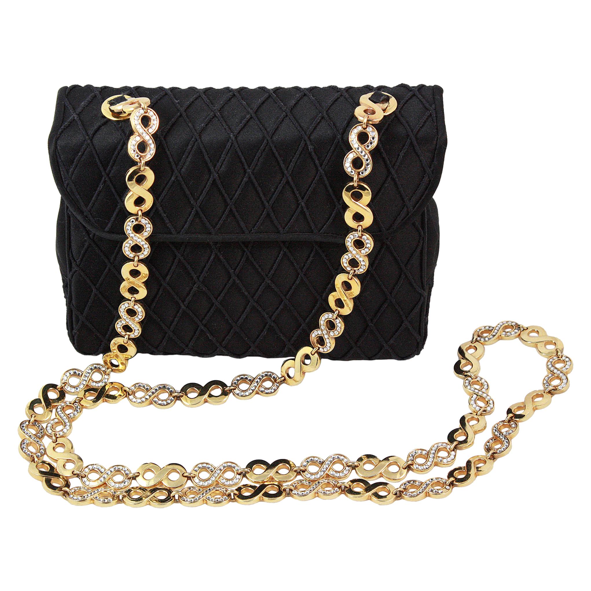 Judith Leiber Black Satin Crossbody Bag with Gold Infinity Chain