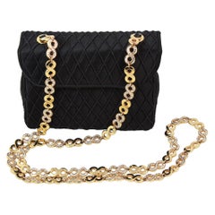 Retro Judith Leiber Black Satin Crossbody Bag with Gold Infinity Chain