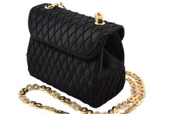 Judith Leiber Black Satin Crossbody Bag with Gold Infinity Chain