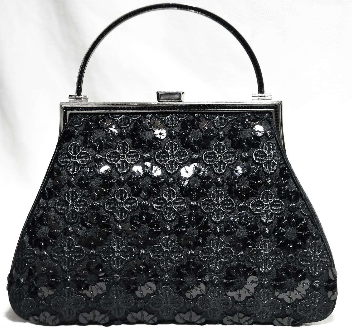 Judith Leiber Black Satin Embroidered & Sequin Evening Bag In Excellent Condition For Sale In Palm Beach, FL
