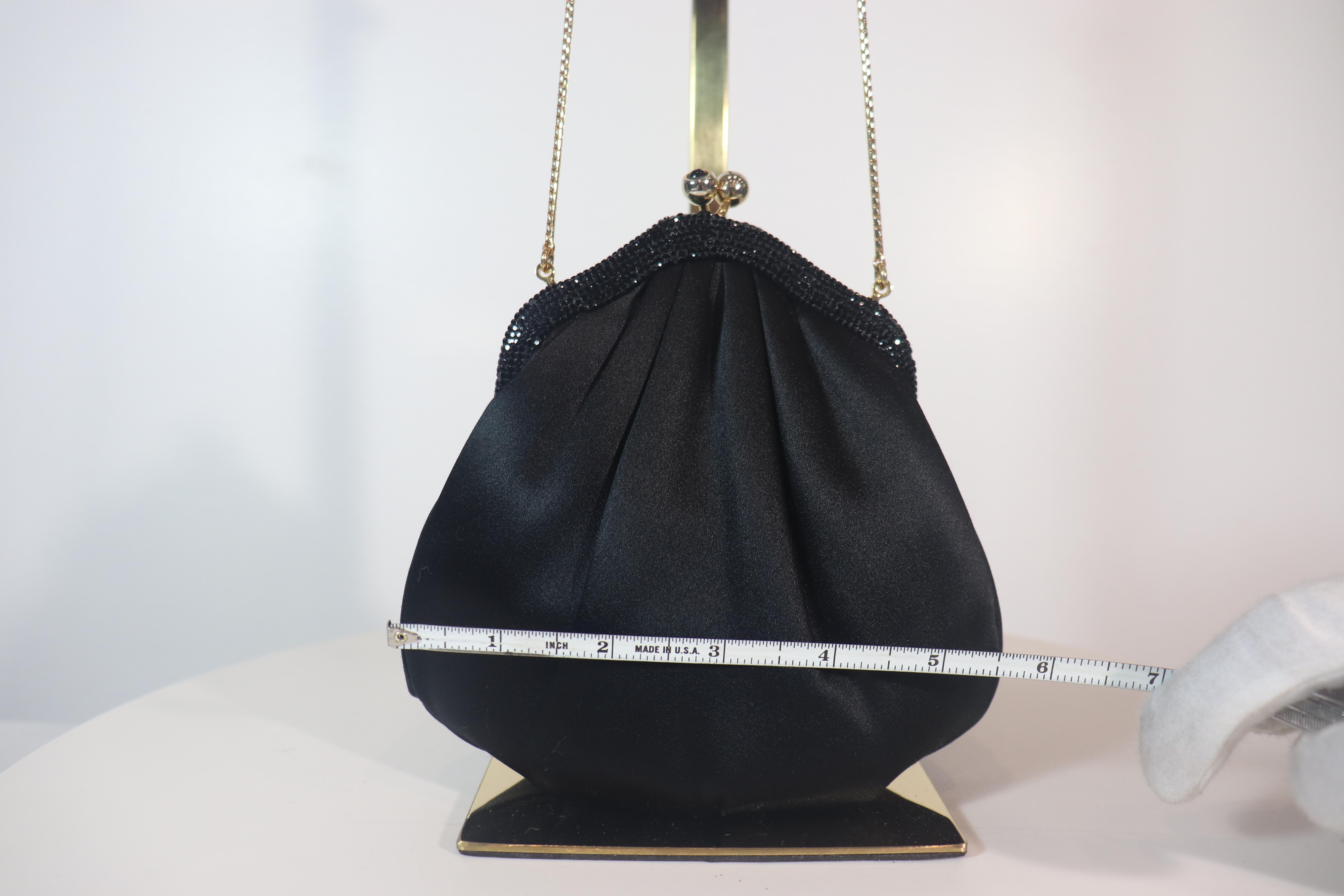 JUDITH LEIBER Black Satin Evening Bag with Jet Black Rhinestones In Excellent Condition For Sale In Los Angeles, CA