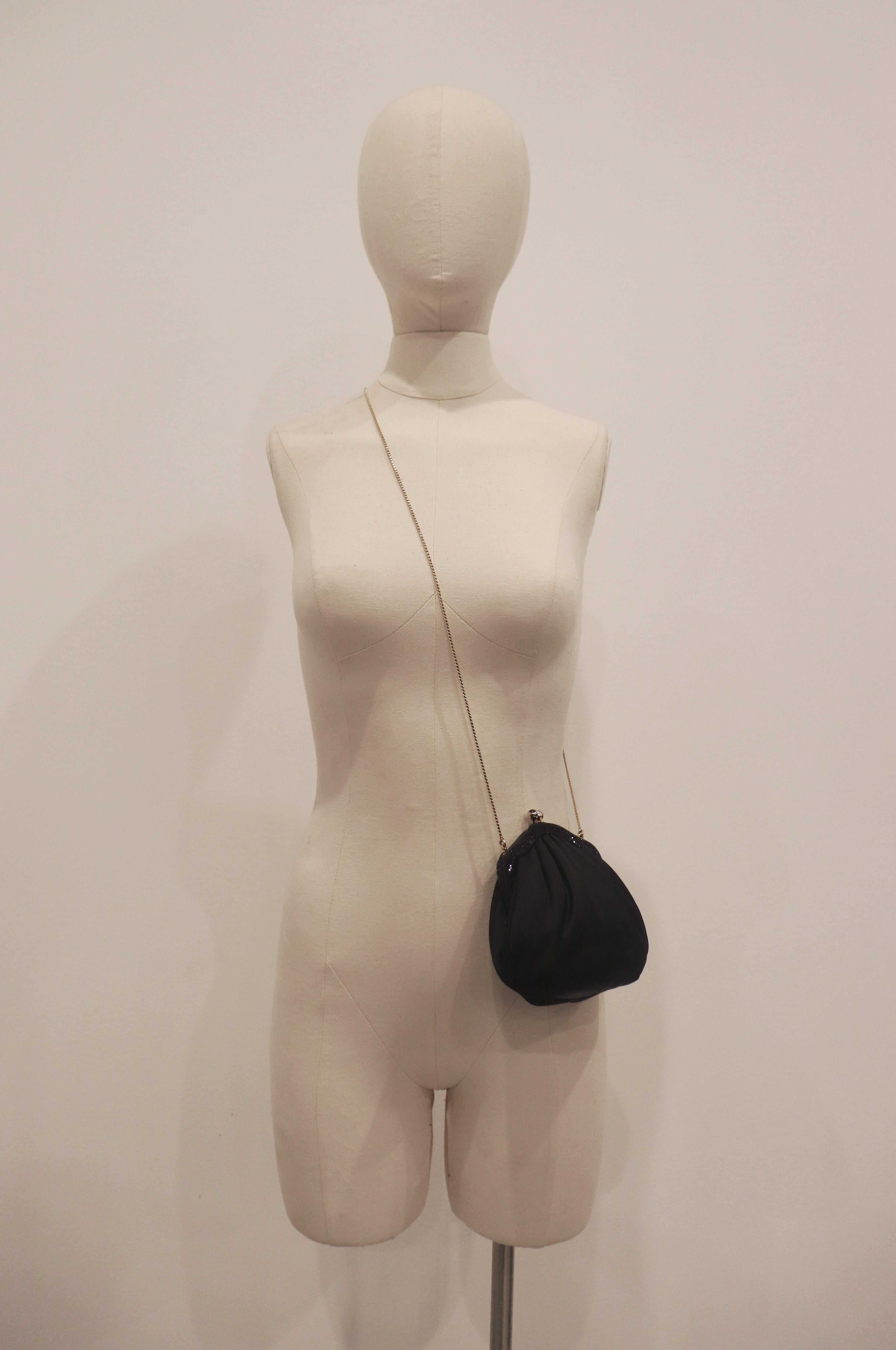 JUDITH LEIBER Black Satin Evening Bag with Jet Black Rhinestones For Sale 3