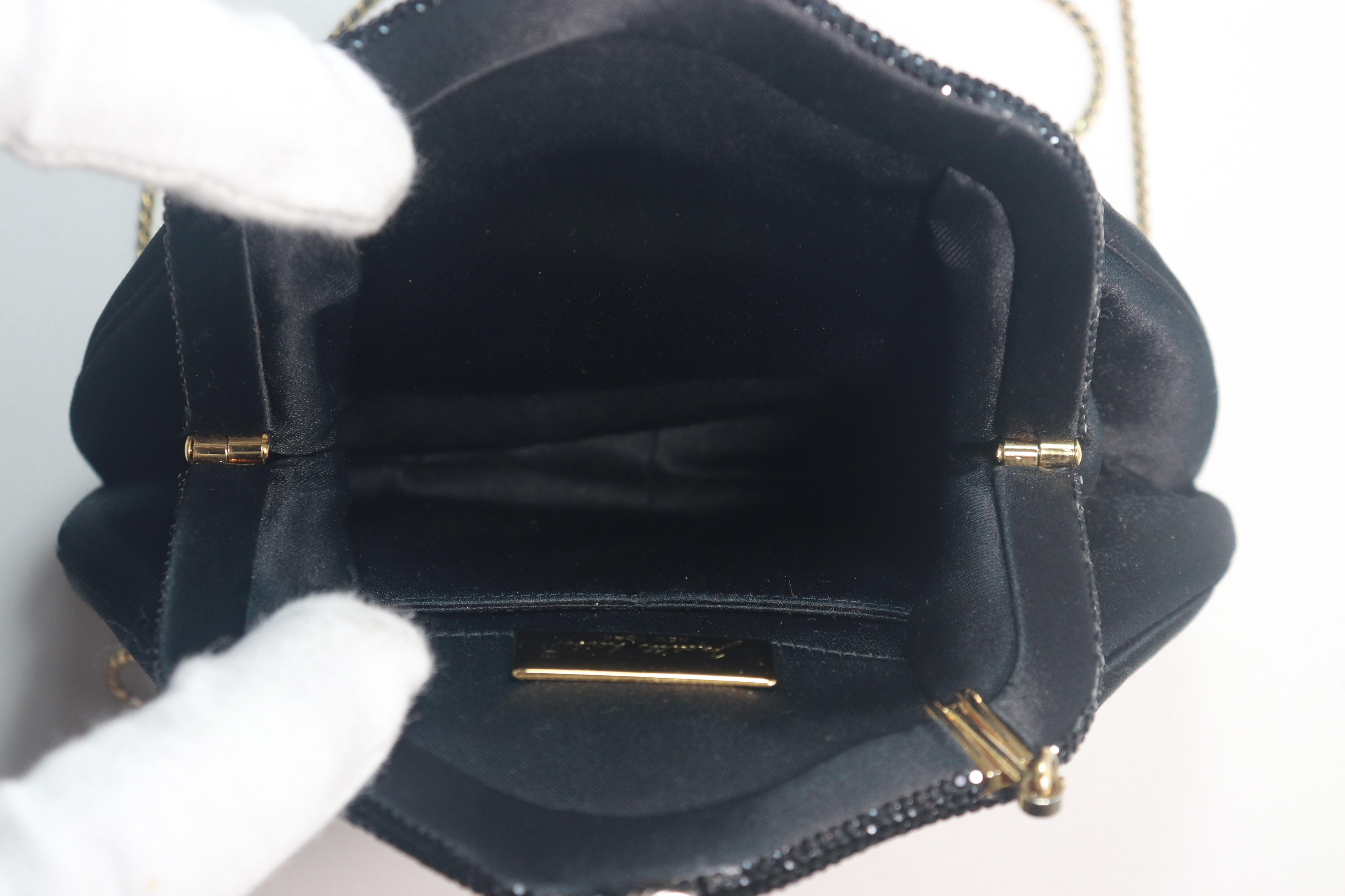 JUDITH LEIBER Black Satin Evening Bag with Jet Black Rhinestones For Sale 4