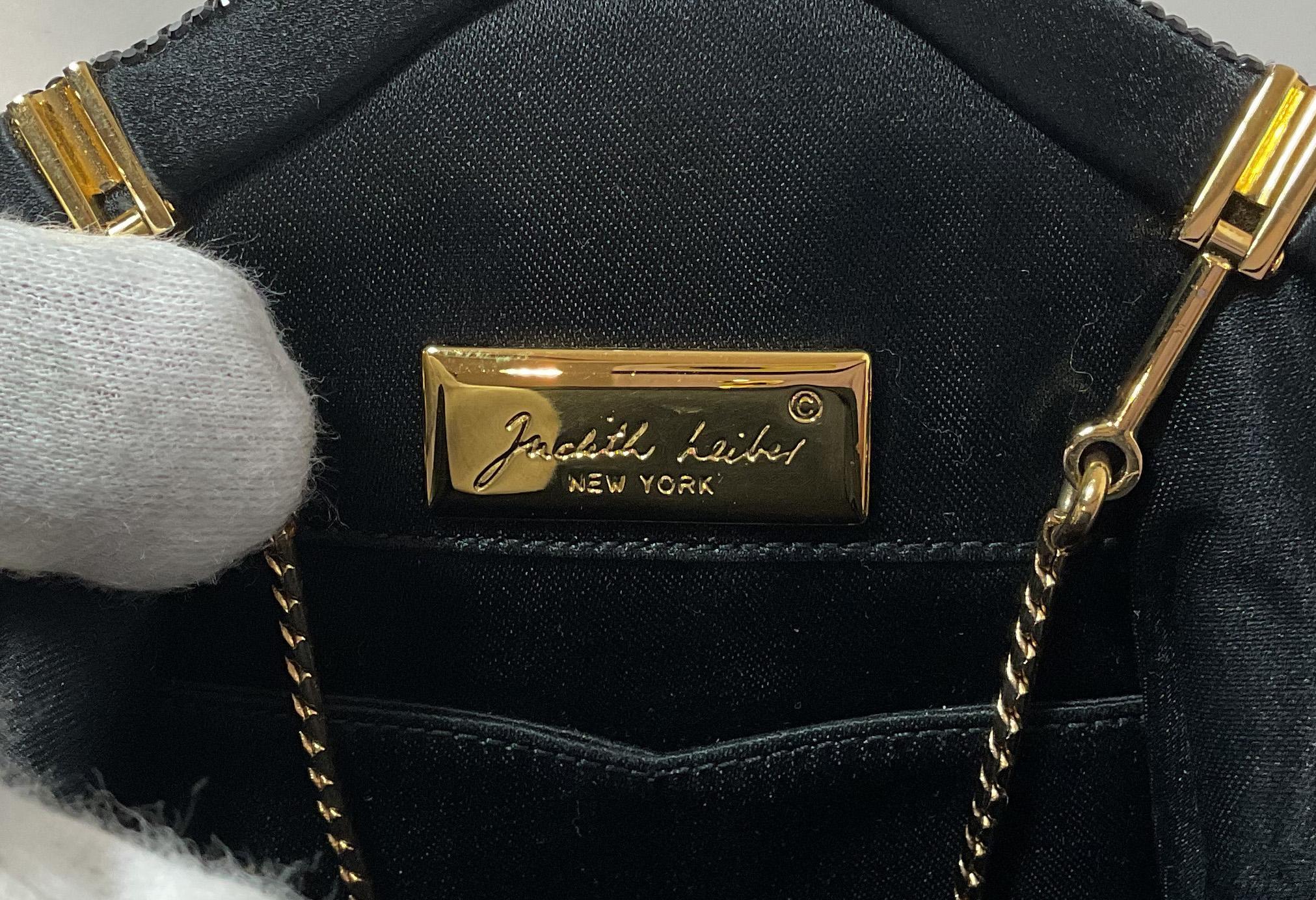 JUDITH LEIBER Black Satin Evening Bag with Jet Black Rhinestones For Sale 5