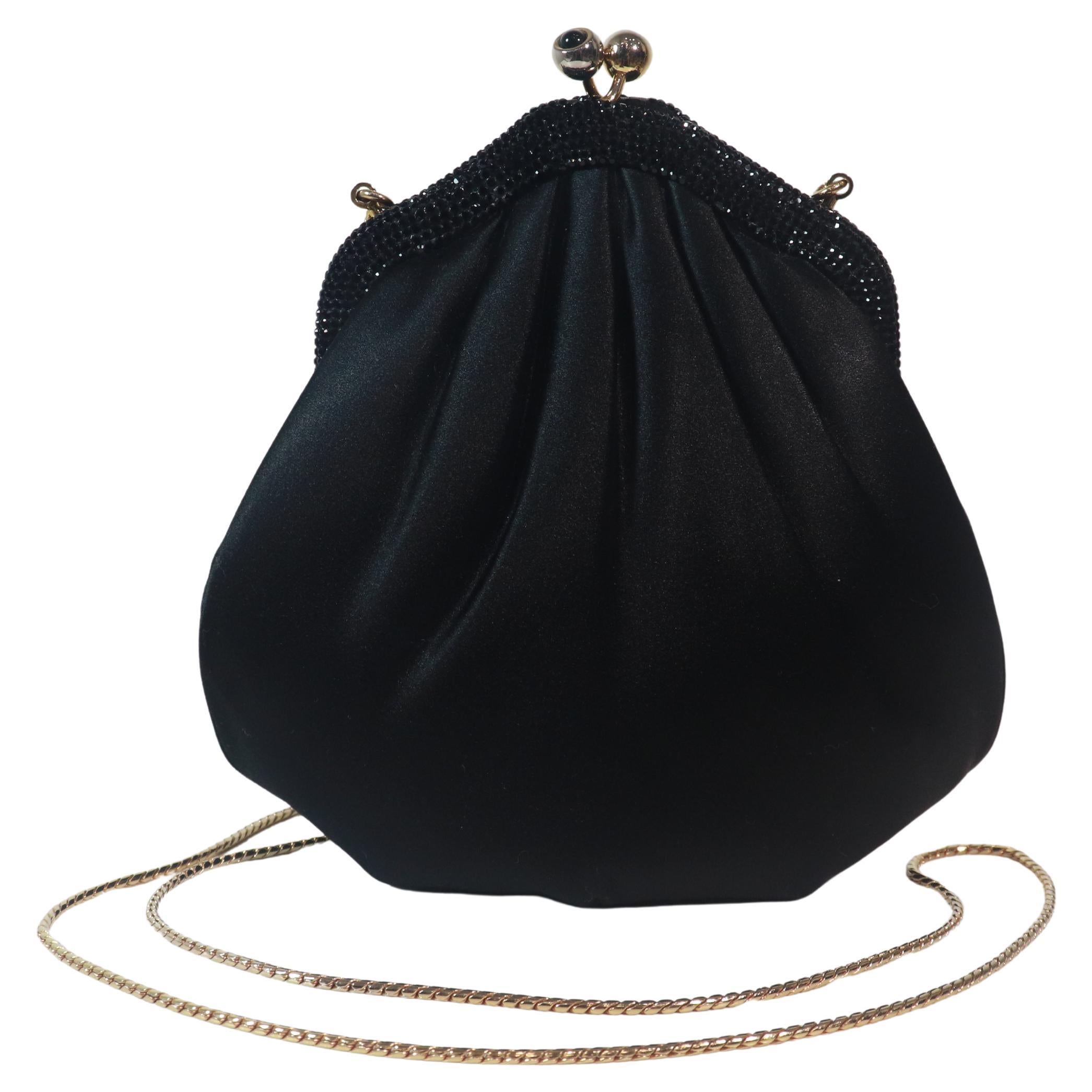 JUDITH LEIBER Black Satin Evening Bag with Jet Black Rhinestones For Sale