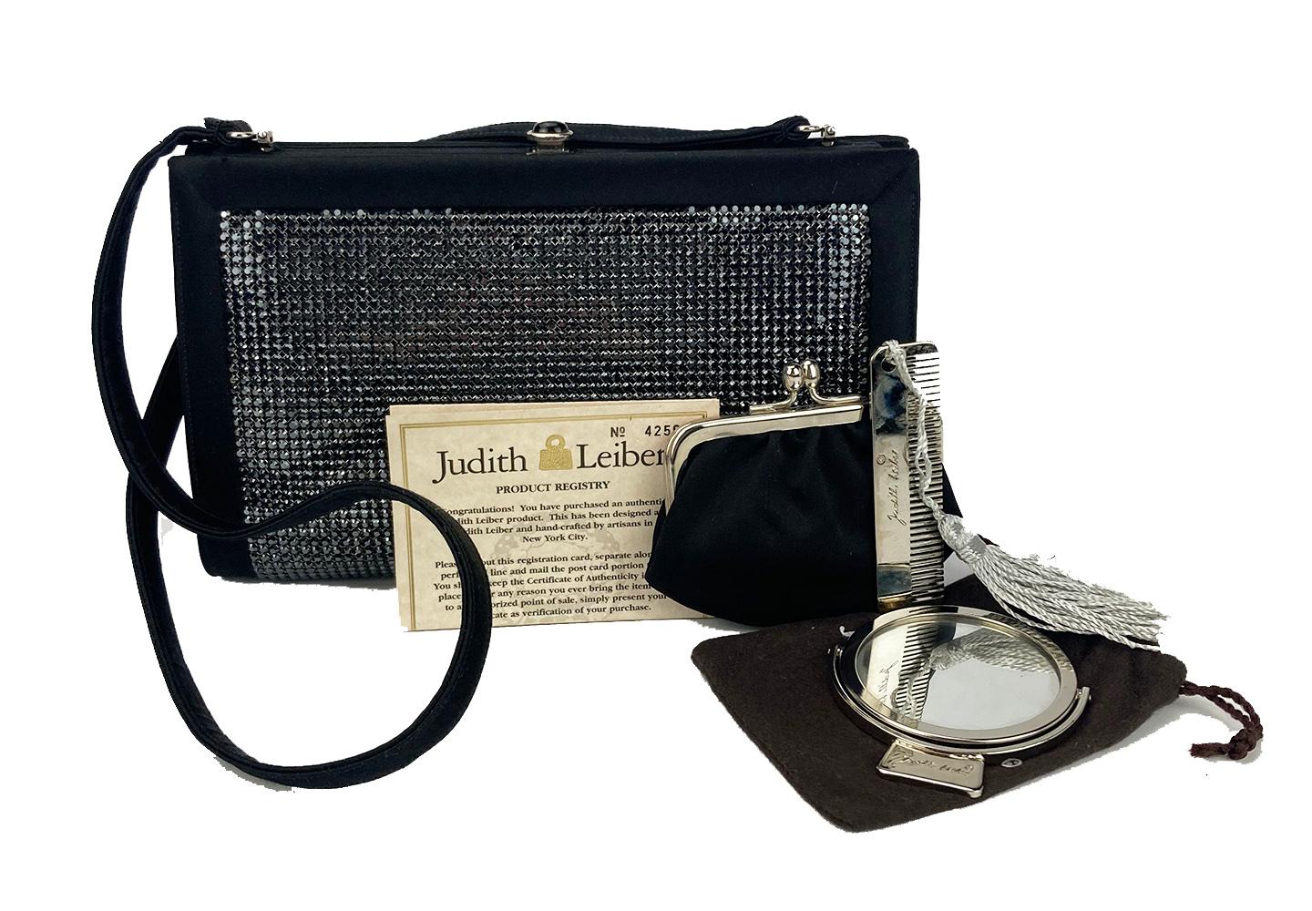 Judith Leiber Black Silk Black Rhinestone Evening Bag For Sale 4