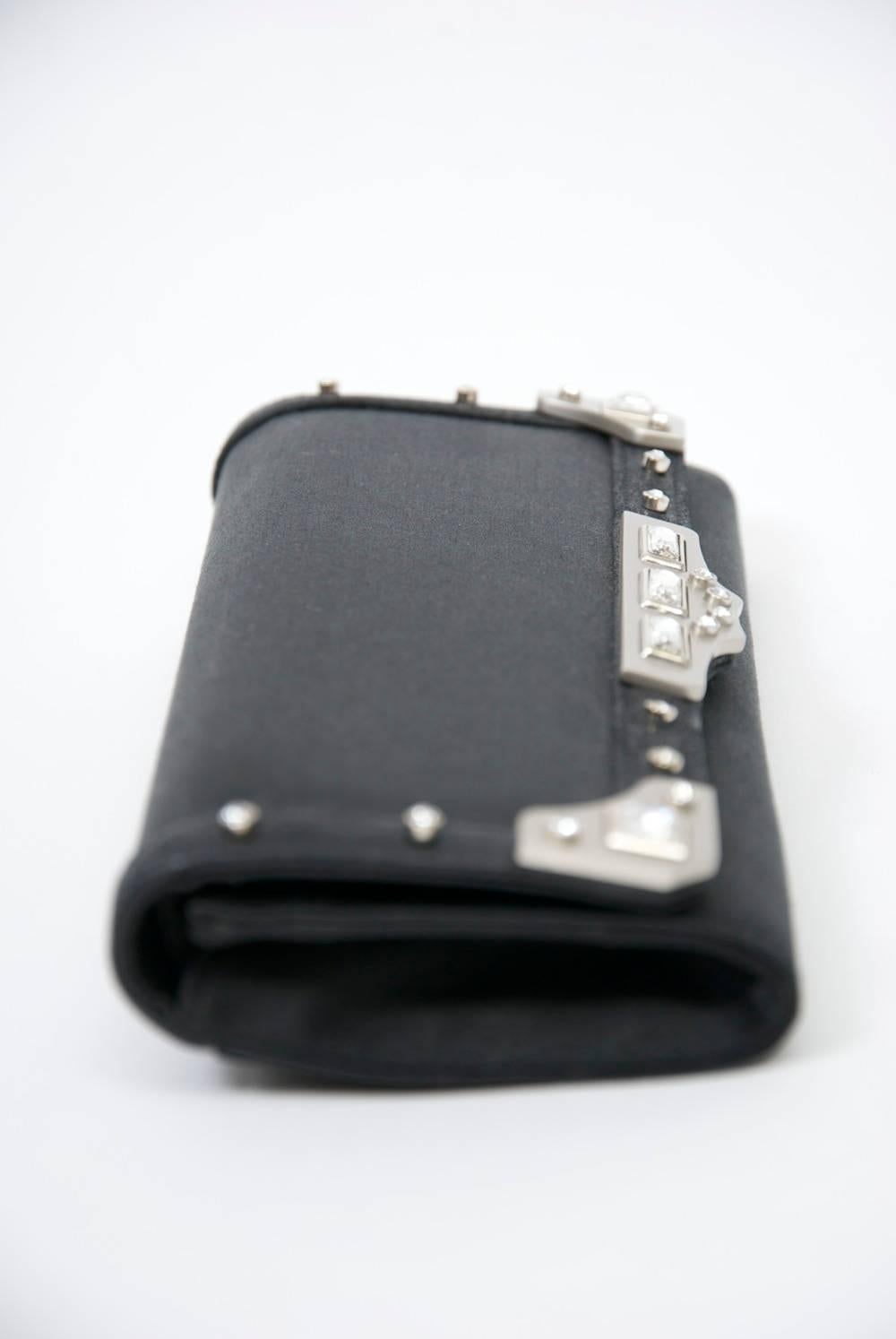Judith Leiber Black Silk Clutch with Crystals For Sale 1