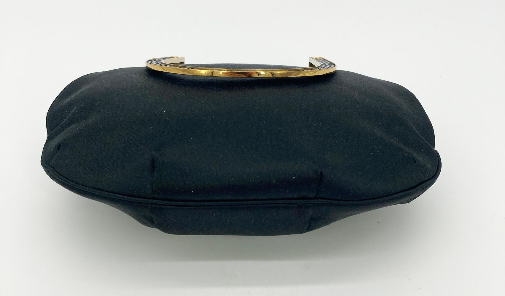 Judith Leiber black Silk Crystal Fold over Handle Clutch In Excellent Condition For Sale In Philadelphia, PA