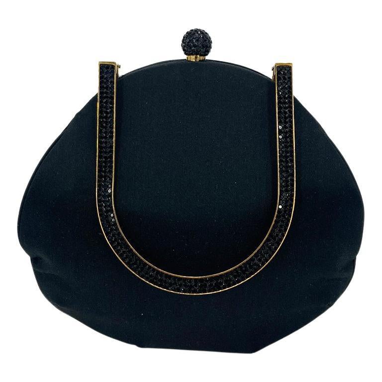 Pre-owned Judith Leiber Black Silk Crystal Fold Over Handle Clutch