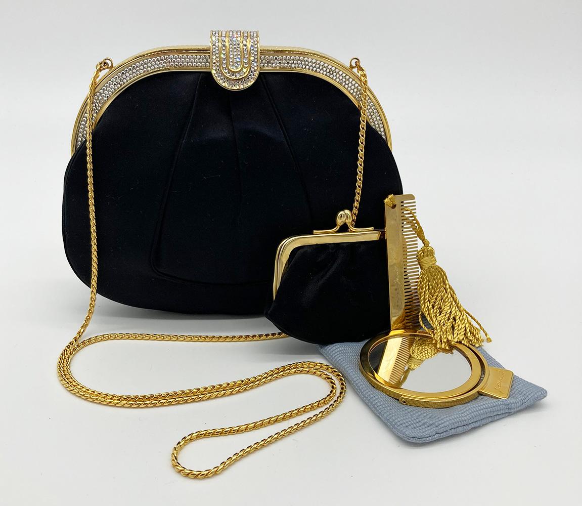 Judith Leiber Black Silk Swarovski Crystal Top Evening Bag Clutch For Sale 2