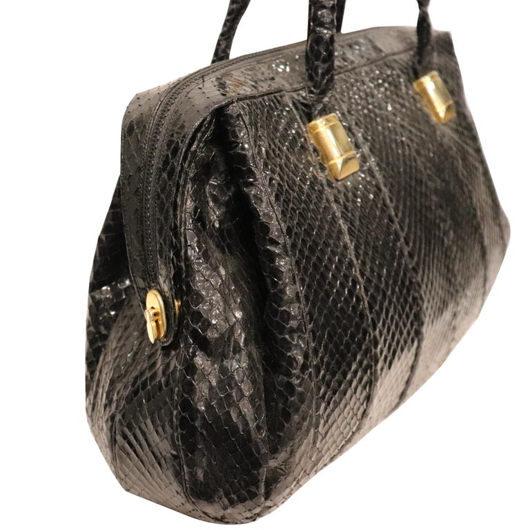 Judith Leiber Black Snake Skin Bag W/ Gold Details  In Excellent Condition For Sale In Los Angeles, CA