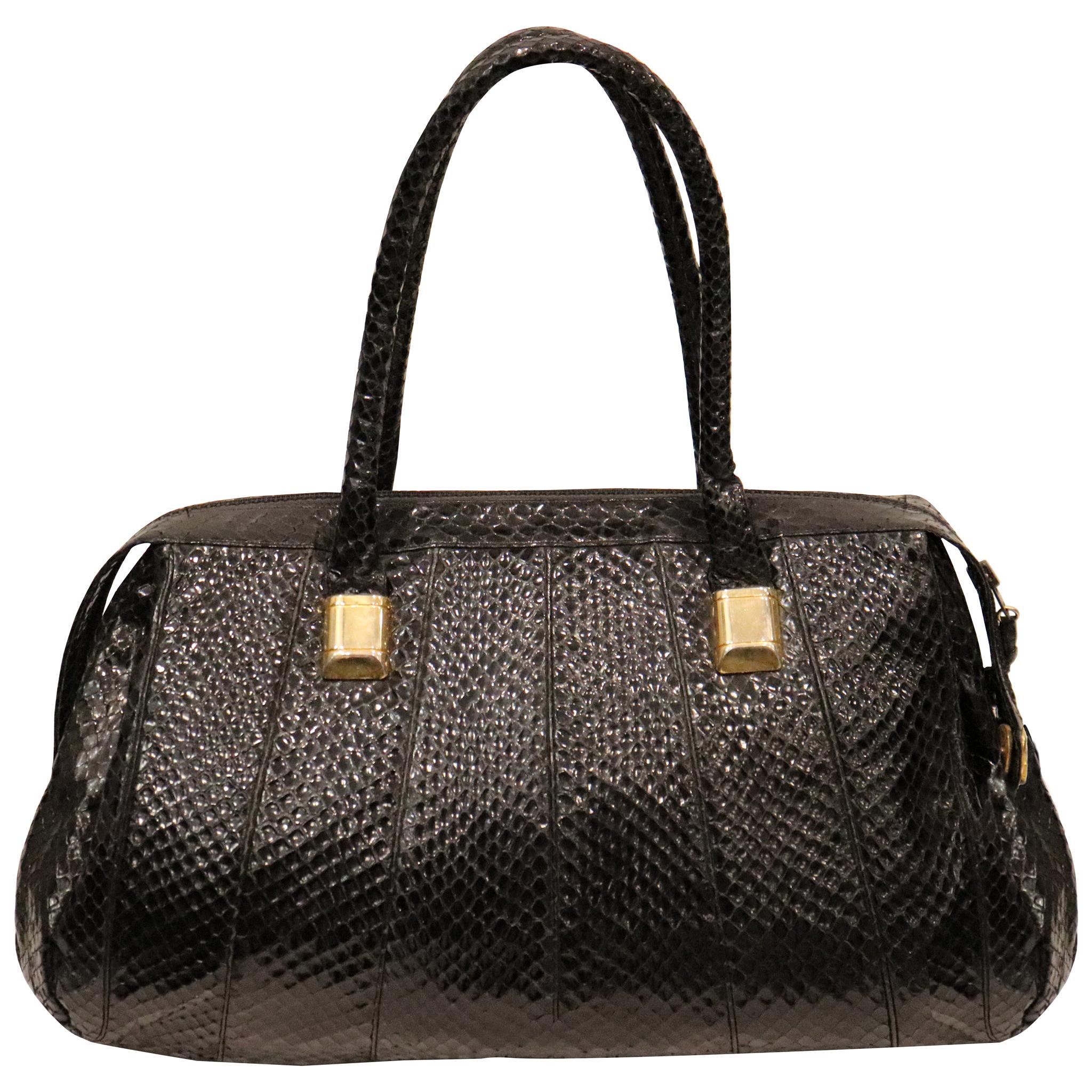 Judith Leiber Black Snake Skin Bag W/ Gold Details  For Sale