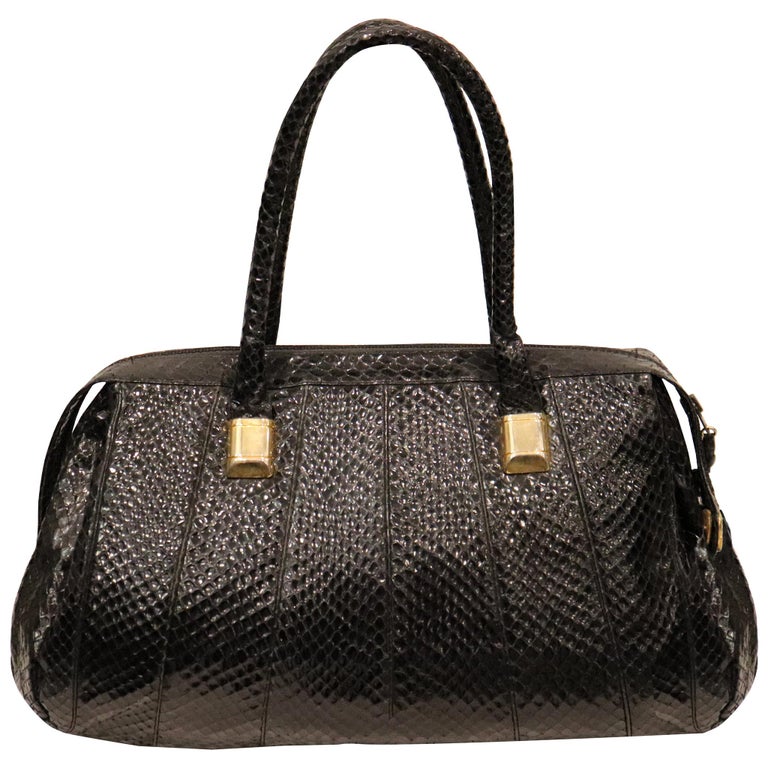 Judith Leiber Black Snake Skin Bag W/ Gold Details  For Sale