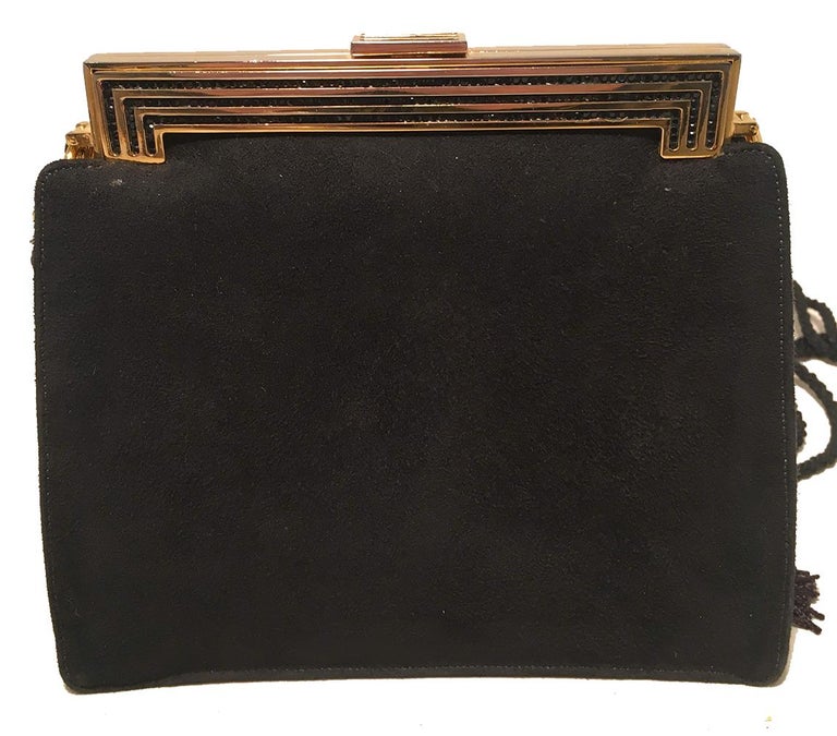 Sac De Soirée Vintage En Daim Noir, Intérieur Satin - Pochette Plate Zippée - Occasion