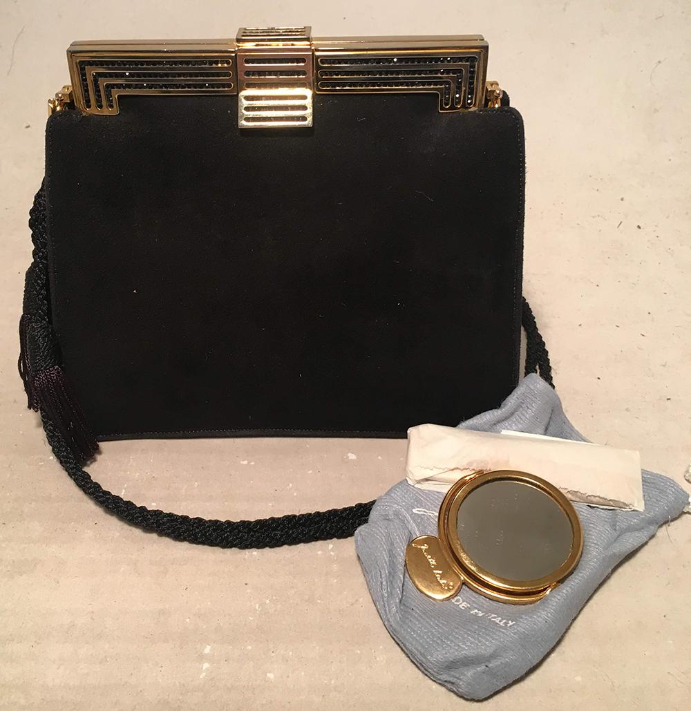 Judith Leiber Black Suede Evening Bag Clutch with Silk Tassel  For Sale 2