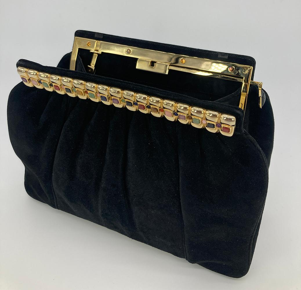 Judith Leiber Black Suede Gemstone Top Clutch For Sale 8