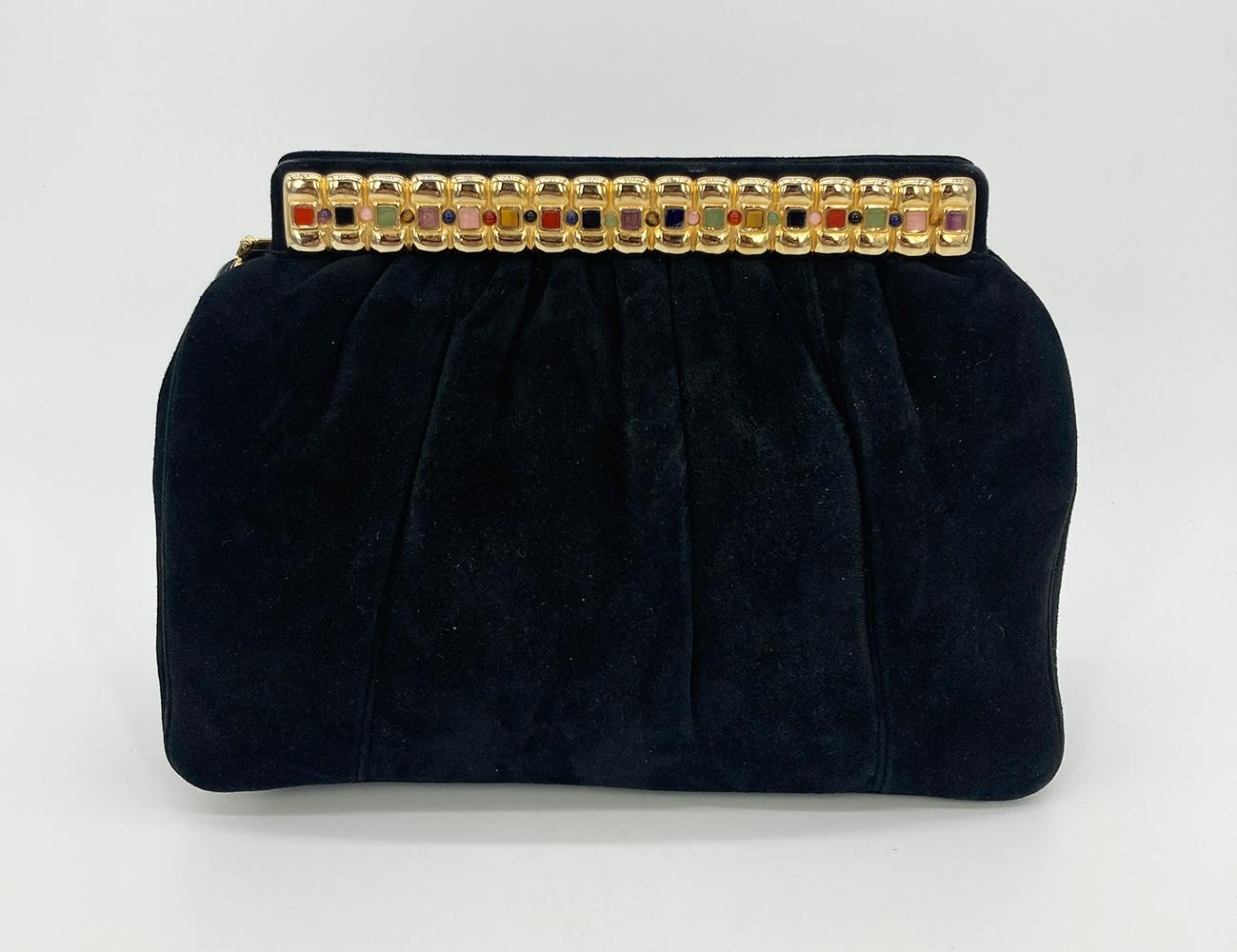 Judith Leiber Black Suede Gemstone Top Clutch In Good Condition For Sale In Philadelphia, PA