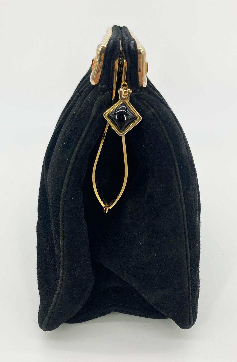 Women's Judith Leiber Black Suede Gemstone Top Clutch For Sale