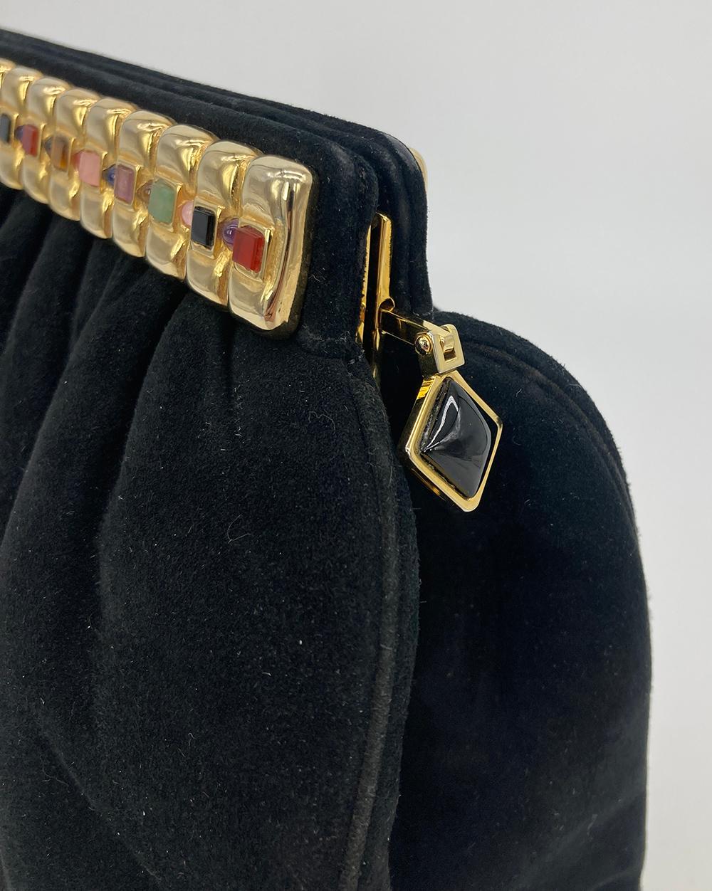 Judith Leiber Black Suede Gemstone Top Clutch For Sale 3