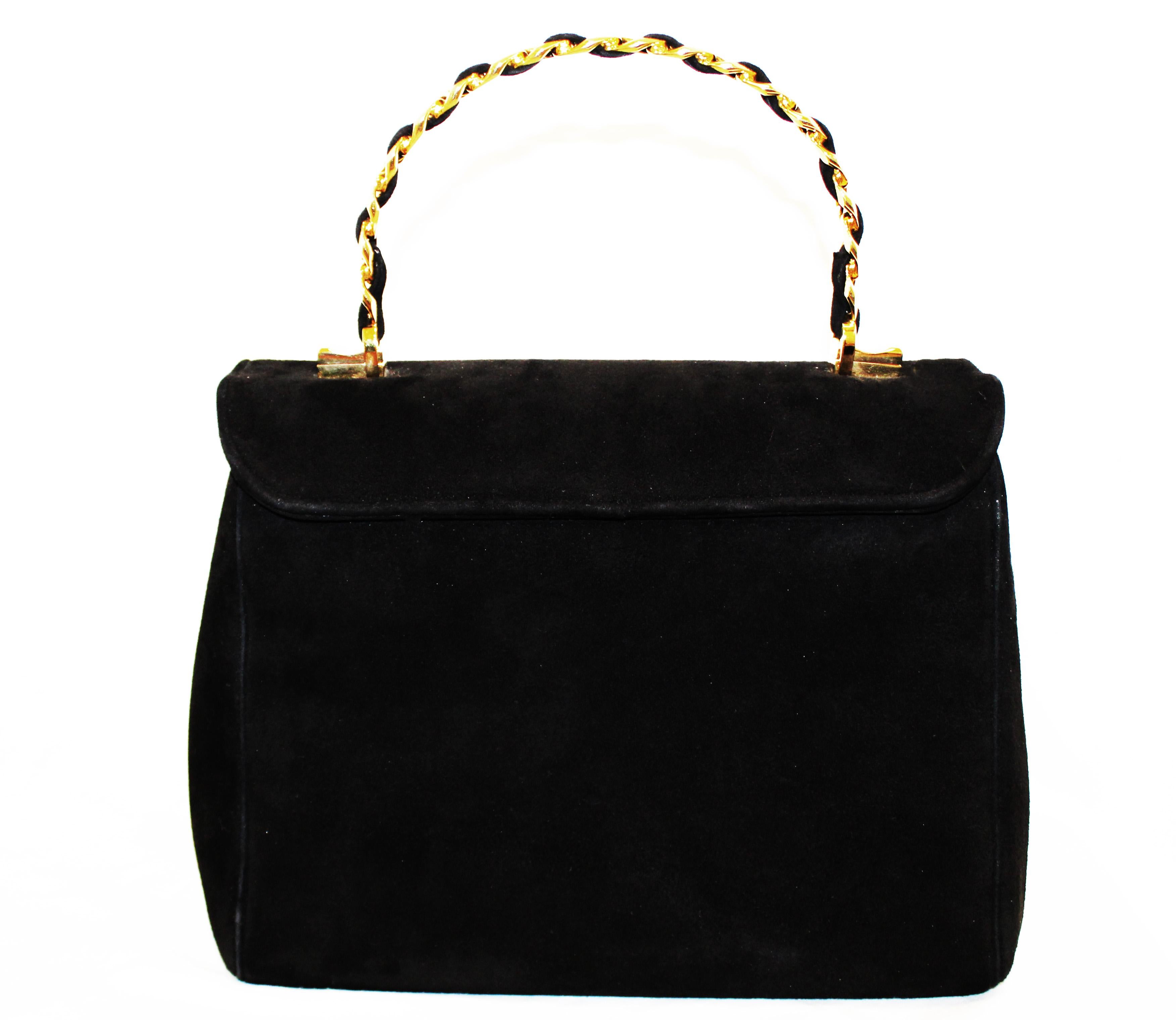 Judith Leiber Black Suede Karung W/ Structured Top Handle Bag In Excellent Condition For Sale In Palm Beach, FL