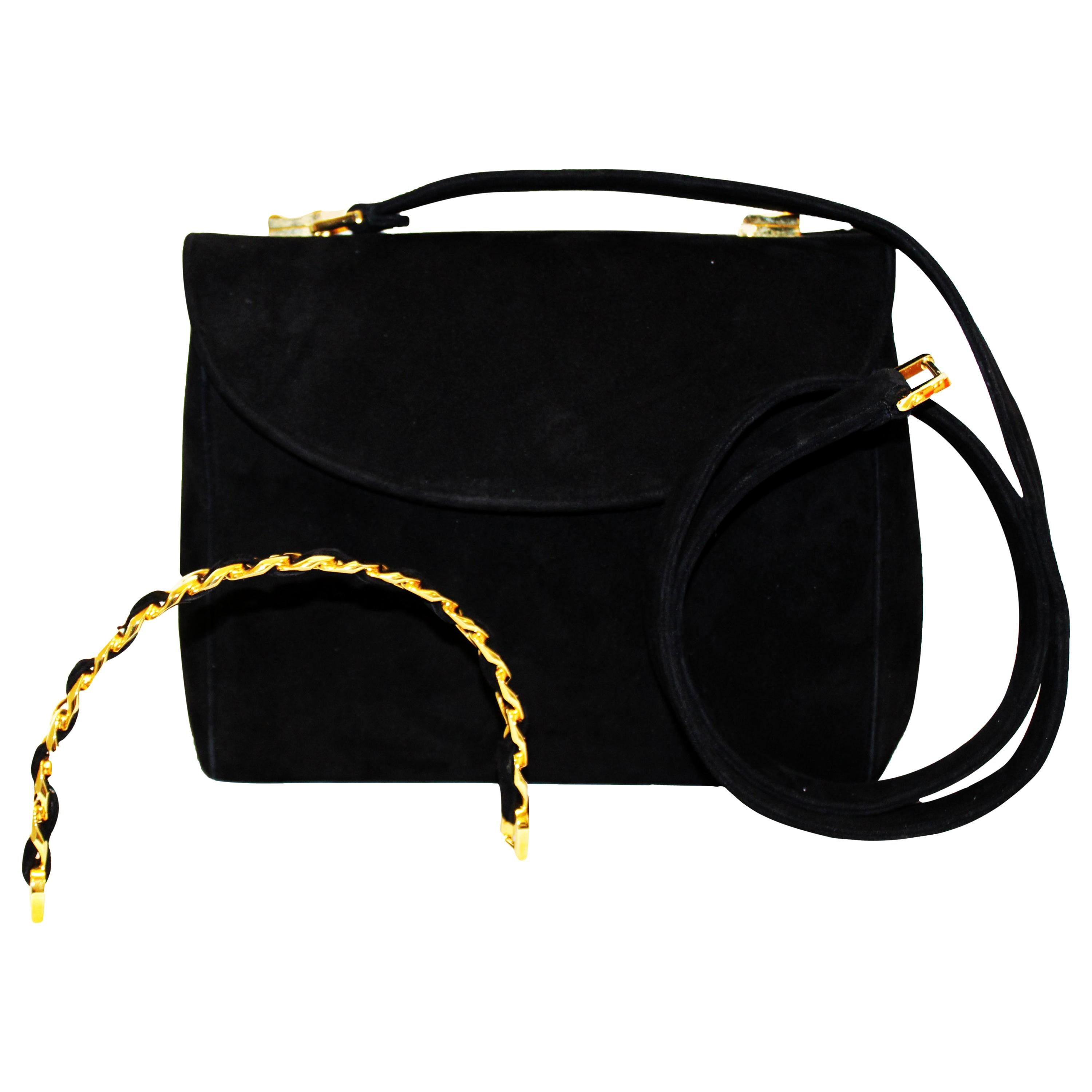 Judith Leiber Black Suede Karung W/ Structured Top Handle Bag For Sale