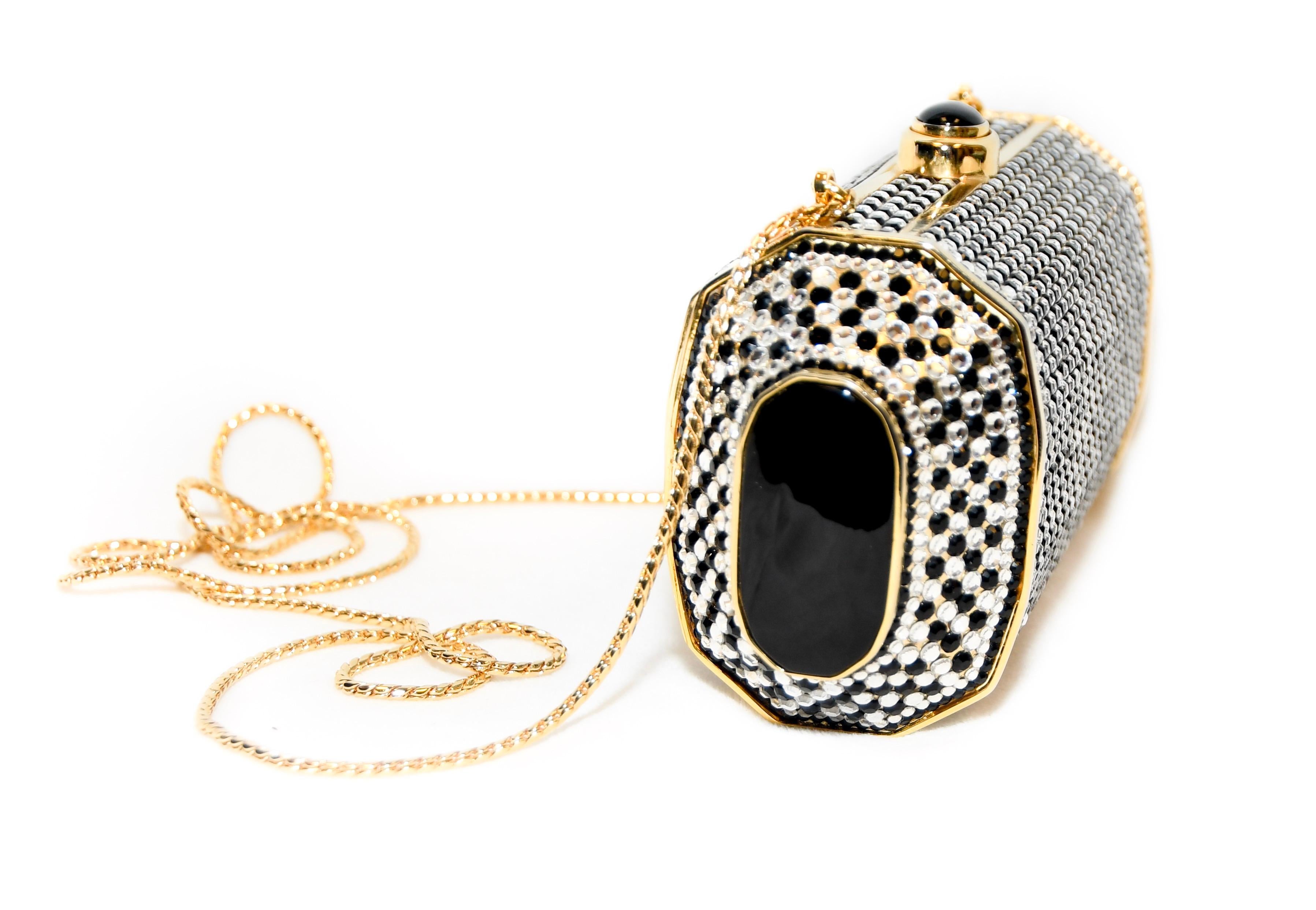 Gray Judith Leiber Black & White (Clear) Crystal Minaudiere With Gold Tone Frame 