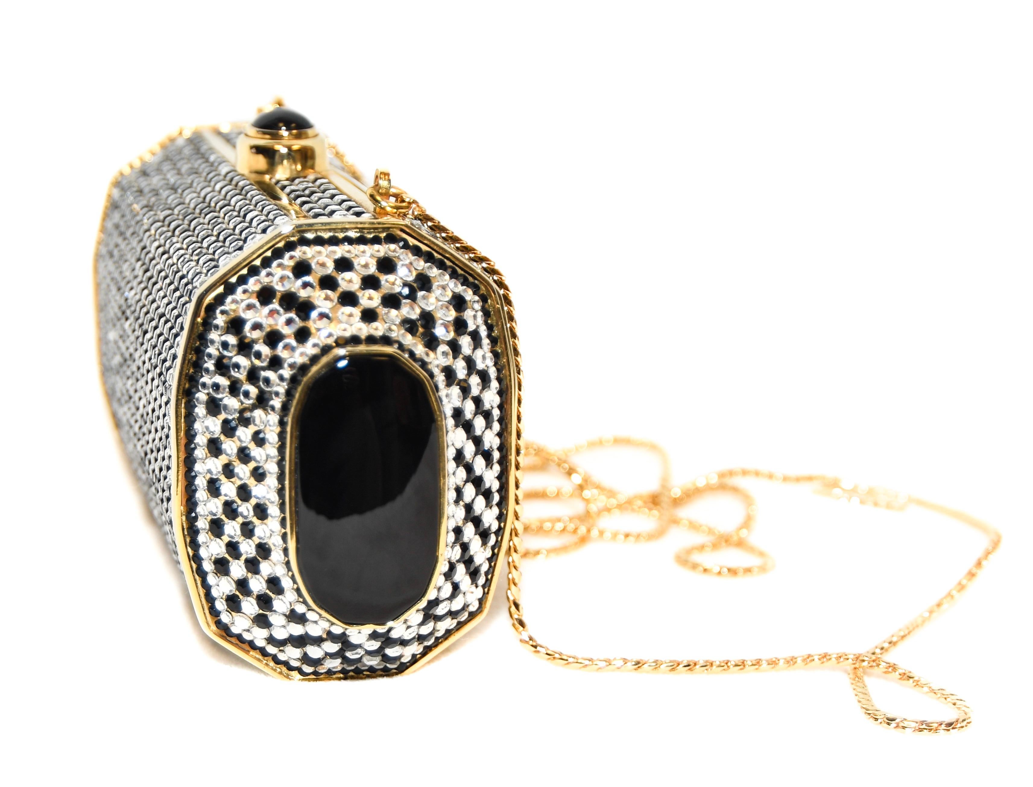 Judith Leiber Black & White (Clear) Crystal Minaudiere With Gold Tone Frame  In Excellent Condition In Palm Beach, FL