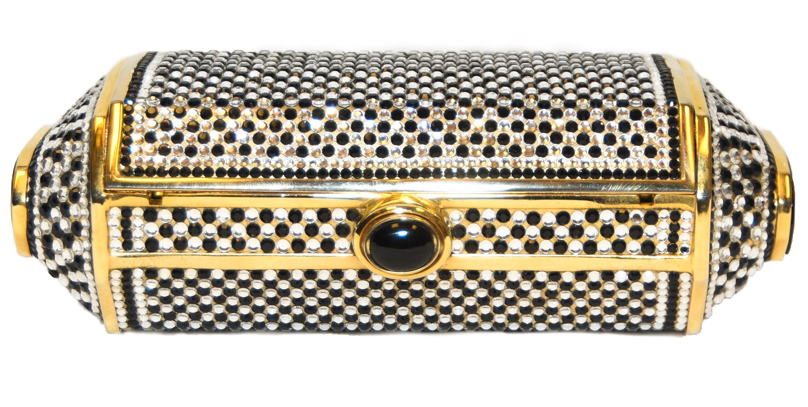 Women's Judith Leiber Black & White (Clear) Crystal Minaudiere With Gold Tone Frame 