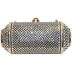 Judith Leiber Black & White (Clear) Crystal Minaudiere With Gold Tone Frame 