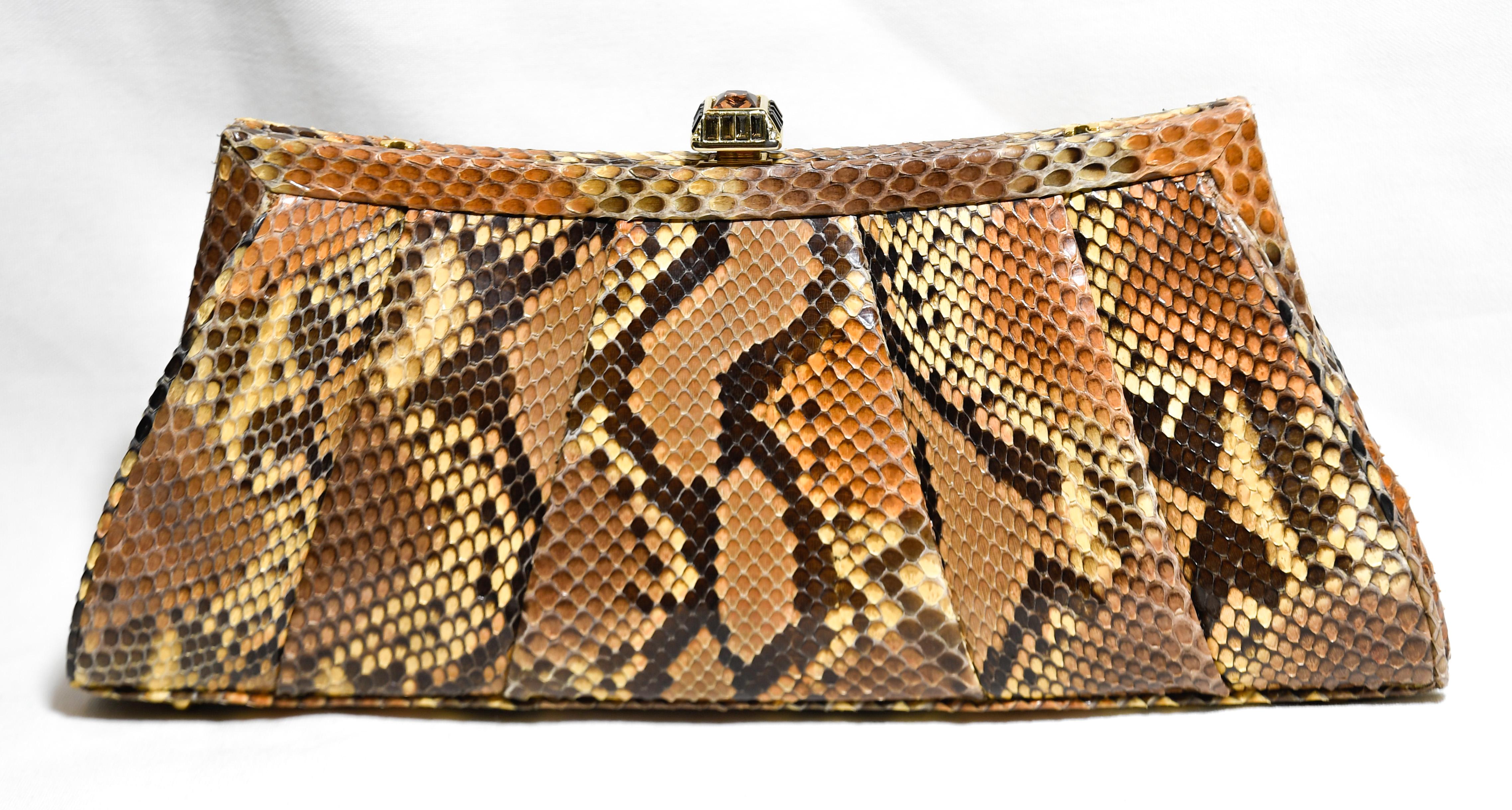 Judith Leiber Brown/Beige Python Pleated Clutch Bag In Excellent Condition In Palm Beach, FL