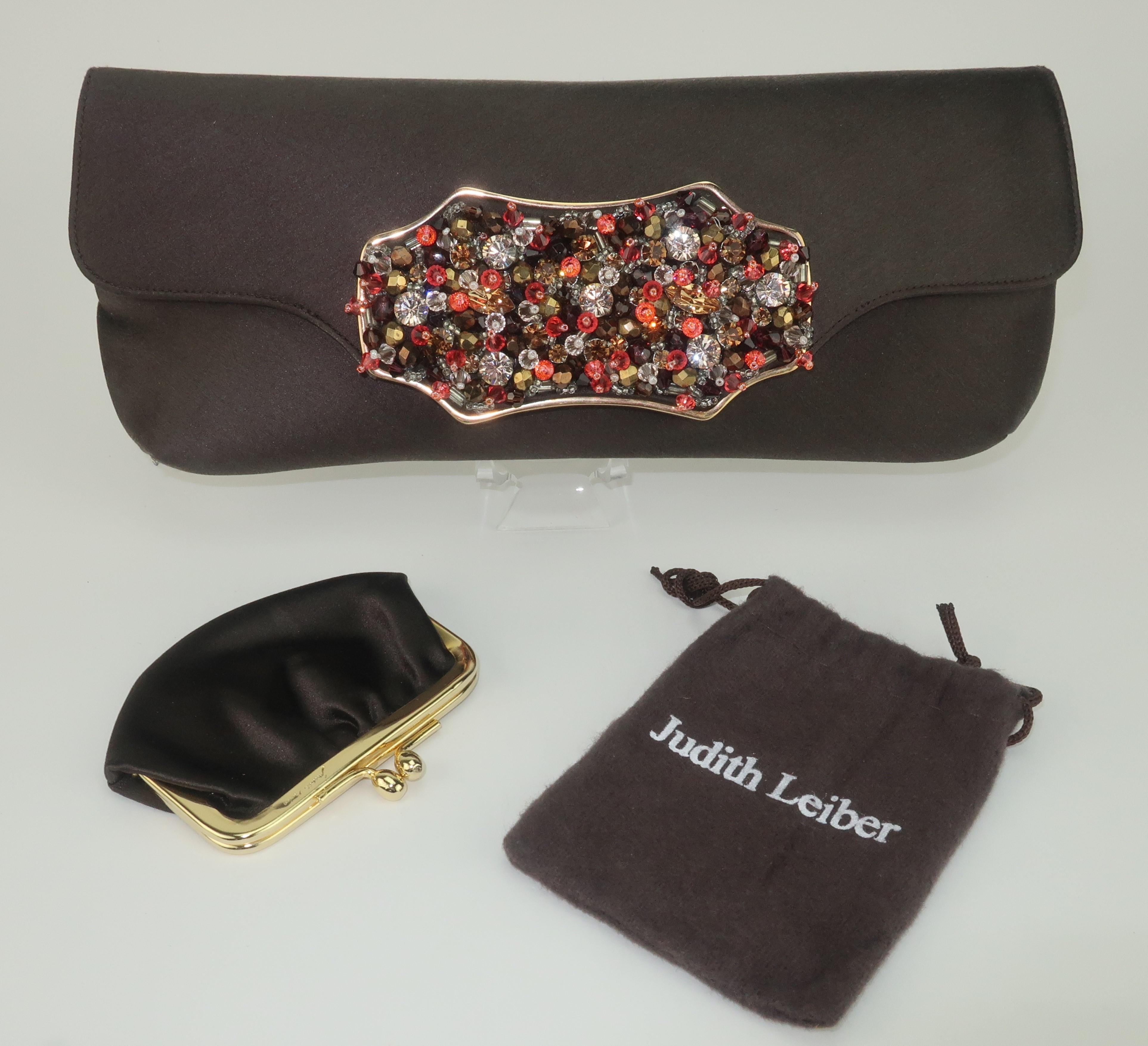 Judith Leiber Brown Satin Beaded Handbag For Sale 7