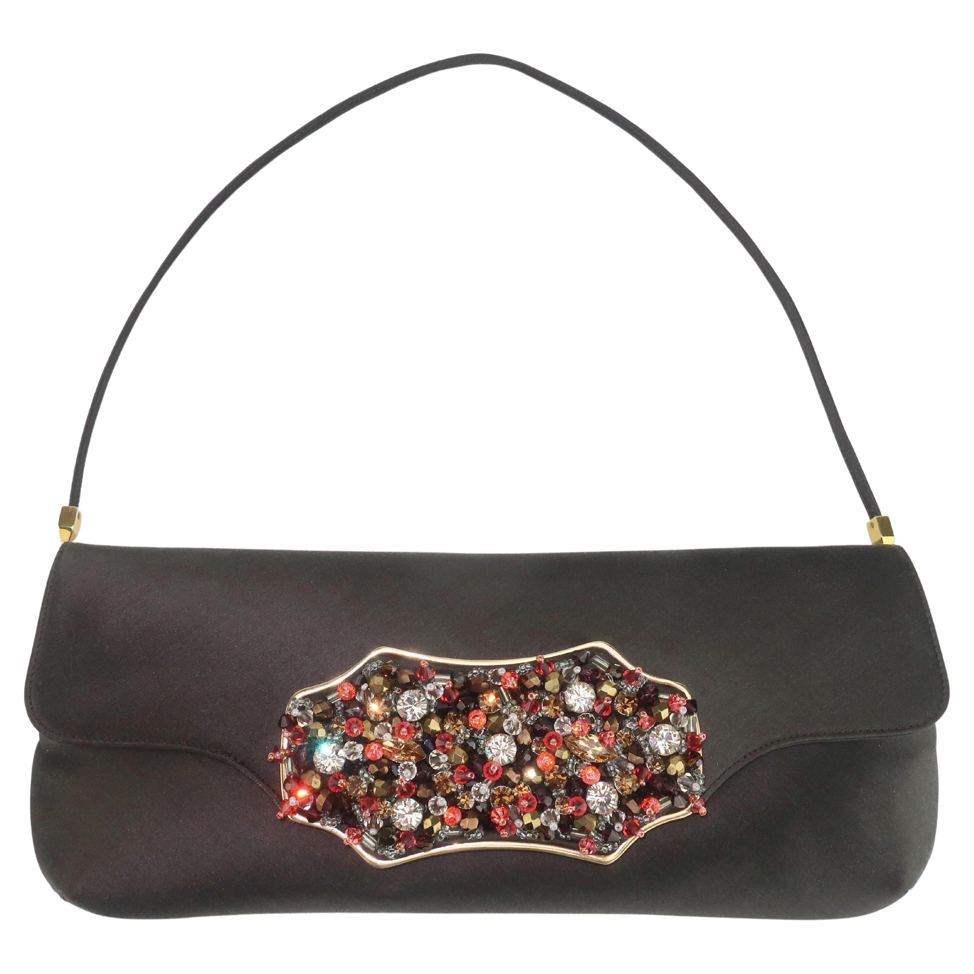 Judith Leiber Brown Satin Beaded Handbag For Sale