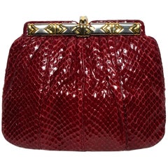 Judith Leiber Burgundy Python Clutch W/ Leather Shoulder Strap