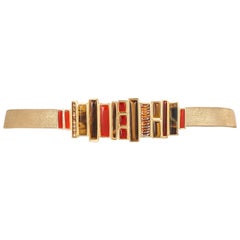 JUDITH LEIBER c.1980s Metallic Gold Sueded Leather Cabochon Statement Waist Belt