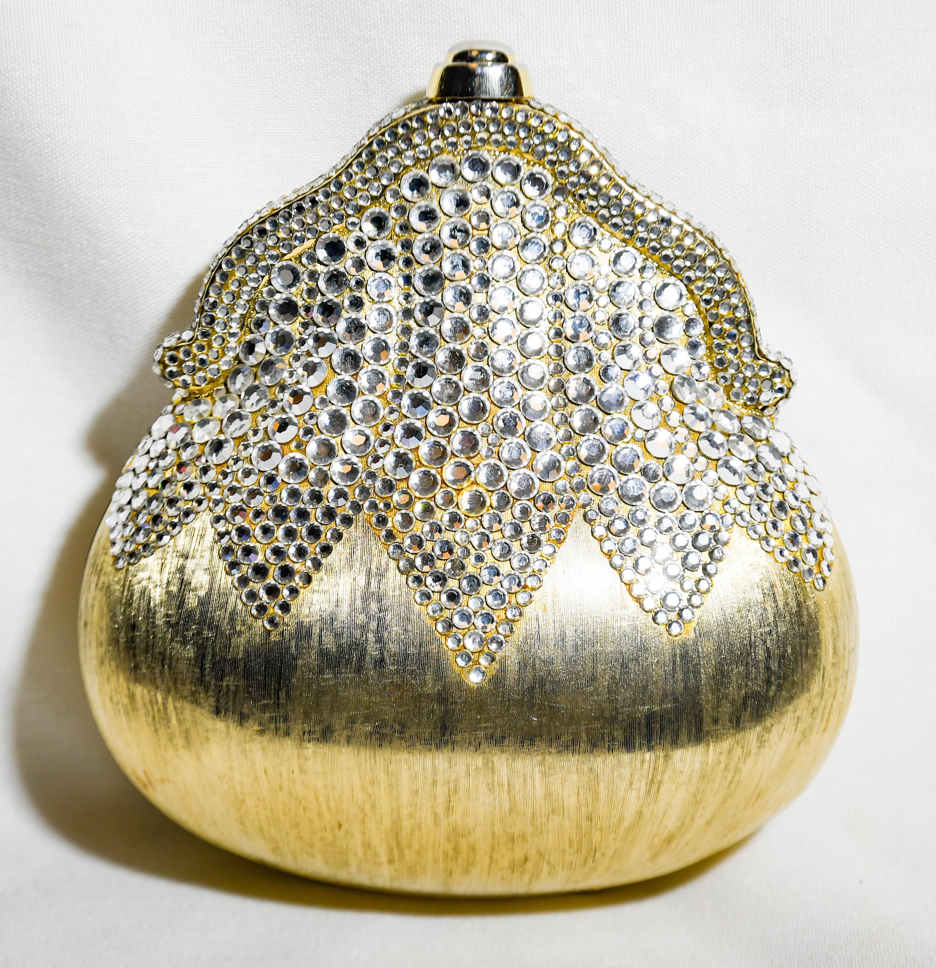Brown Judith Leiber Chatelaine Gold Tone Metal Minaudiere Accentuated W/ White Crystal