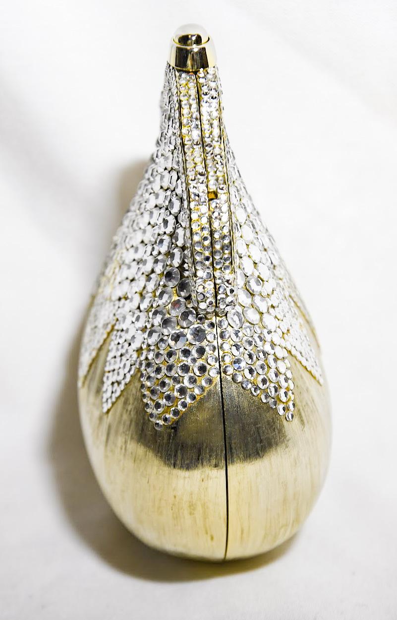 Judith Leiber Chatelaine Gold Tone Metal Minaudiere Accentuated W/ White Crystal In Good Condition In Palm Beach, FL