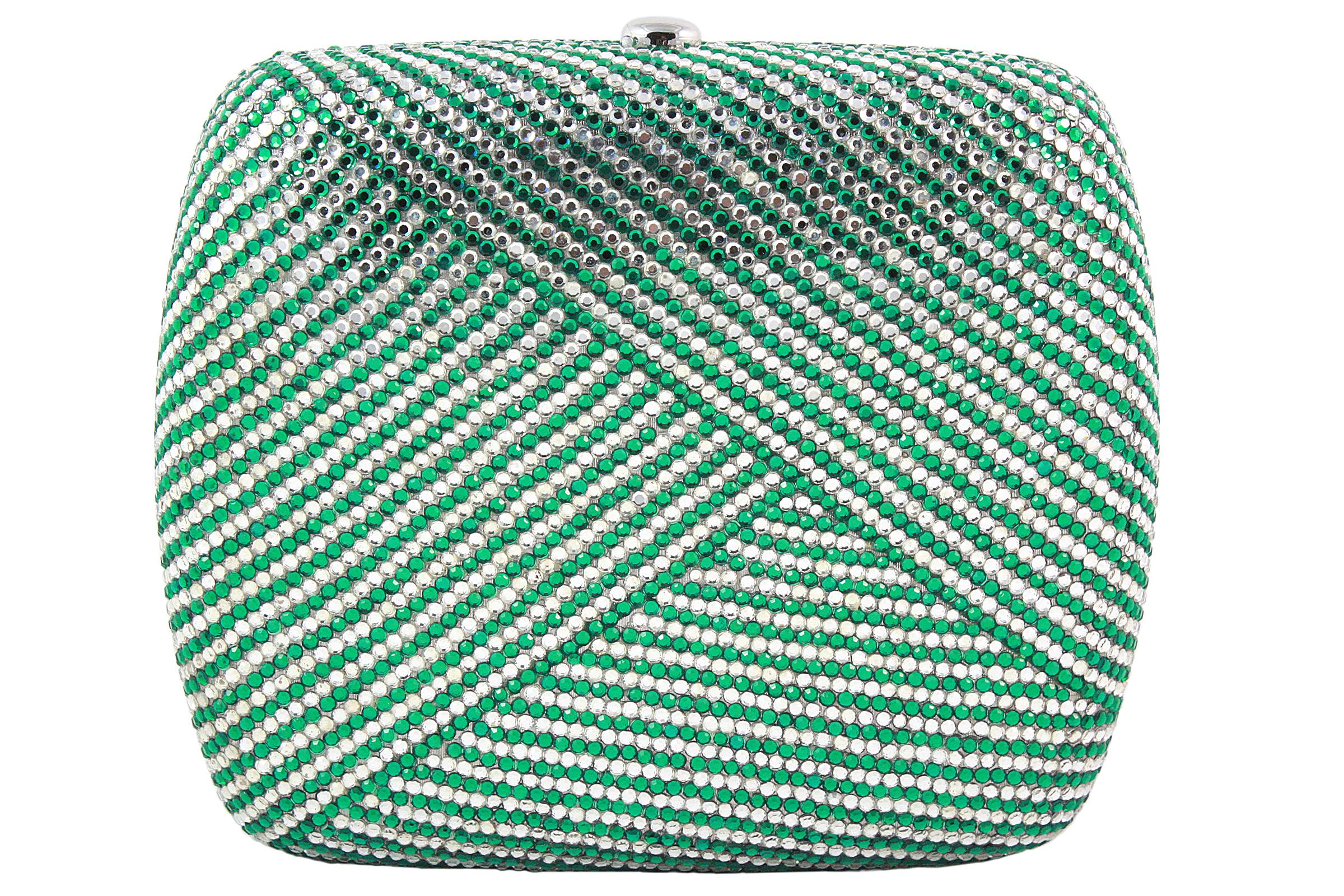 Judith Leiber clutch 
Clear and green rhinestones in a stripe pattern 
Silver snap closure 
Silver chain strap that can be stored inside 
Soft silver leather lining
Comes with silver coin purse, mirror, comb and blue dust-bag 