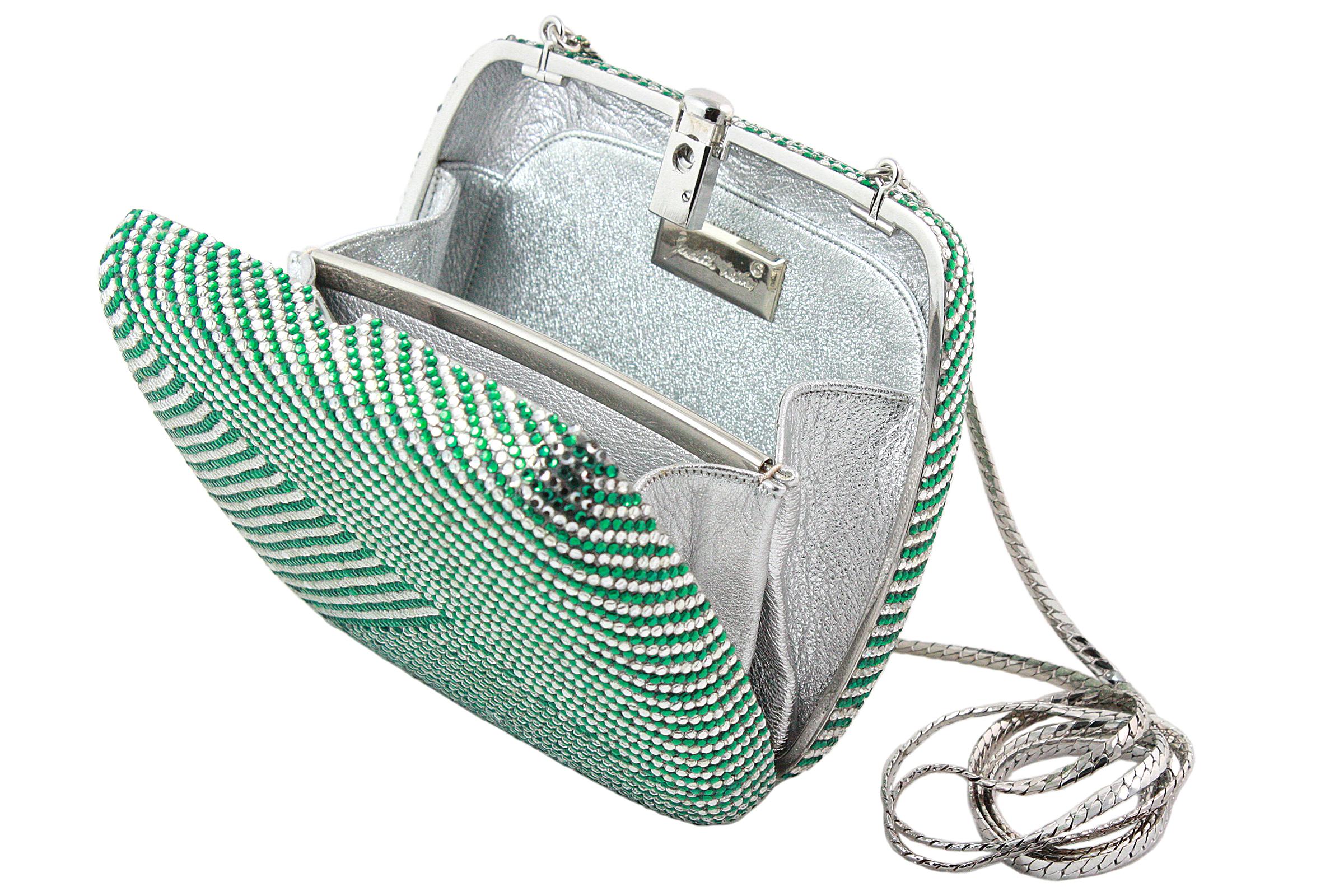  Judith Leiber Clear and Green Rhinestone Clutch In Good Condition For Sale In Los Angeles, CA