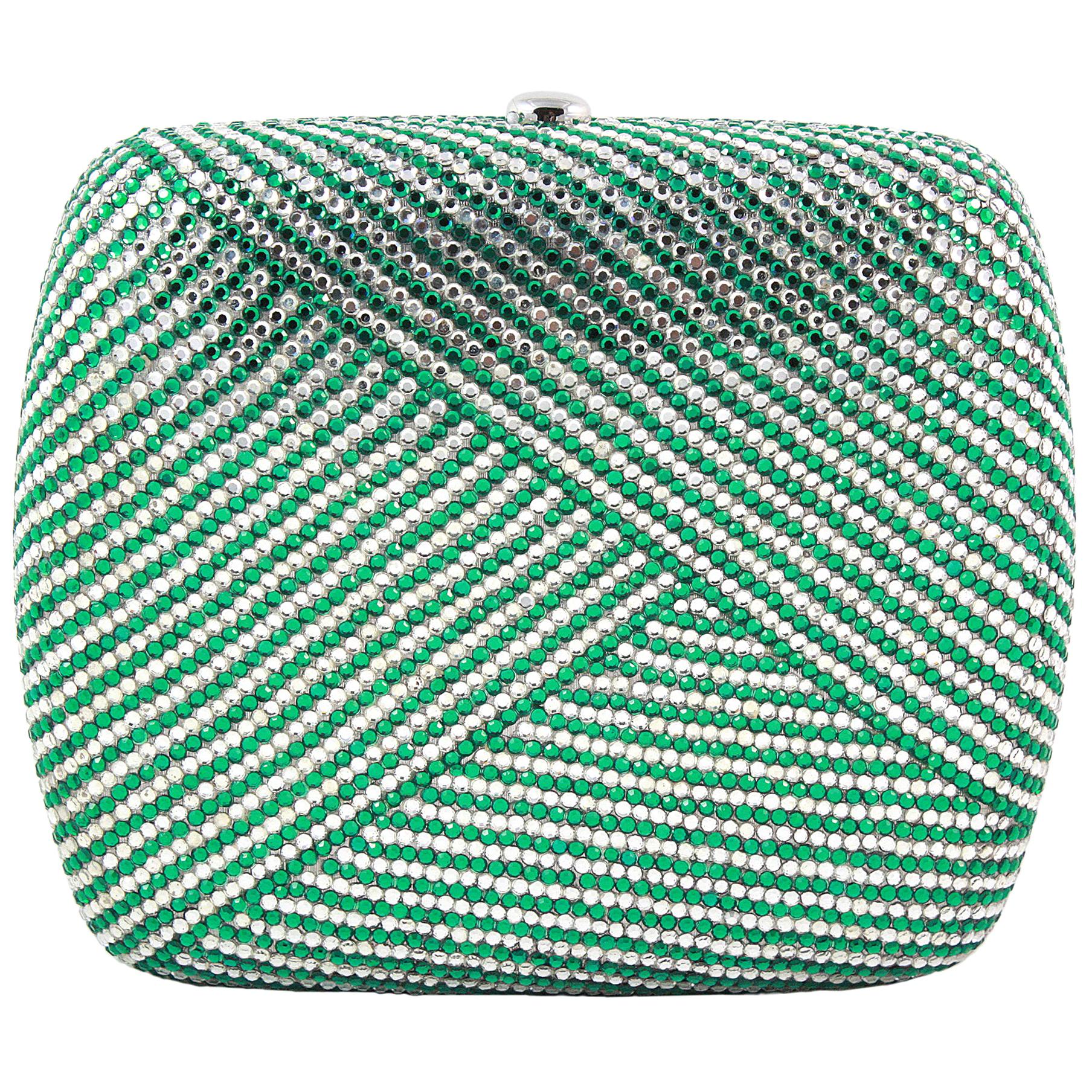  Judith Leiber Clear and Green Rhinestone Clutch For Sale