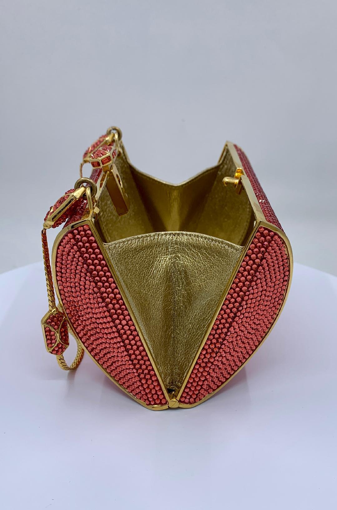 Judith Leiber Coral Crystal Minaudiere With Fancy Clasp and Jeweled Chain Handle 4