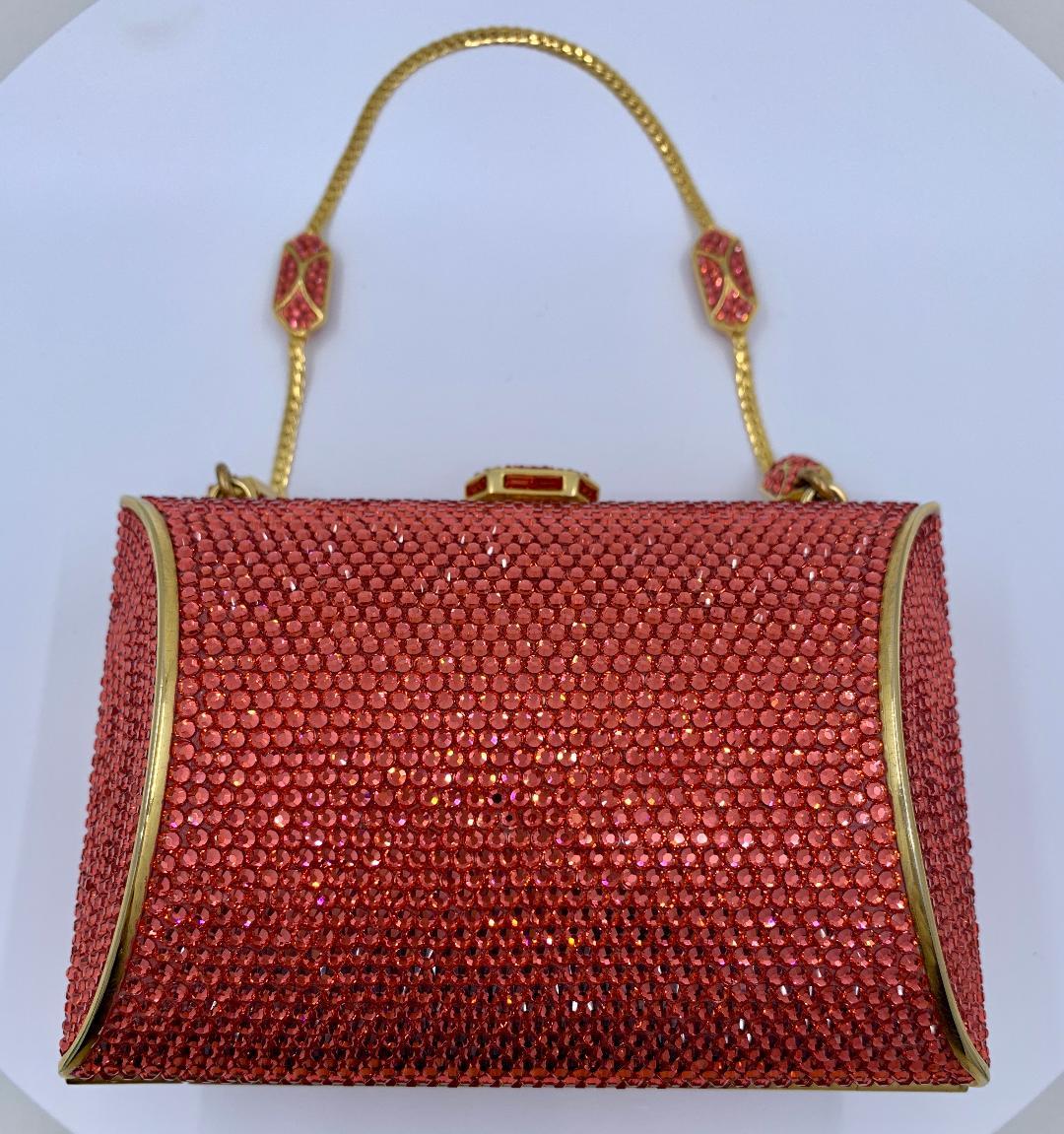 Judith Leiber Coral Crystal Minaudiere With Fancy Clasp and Jeweled Chain Handle 5