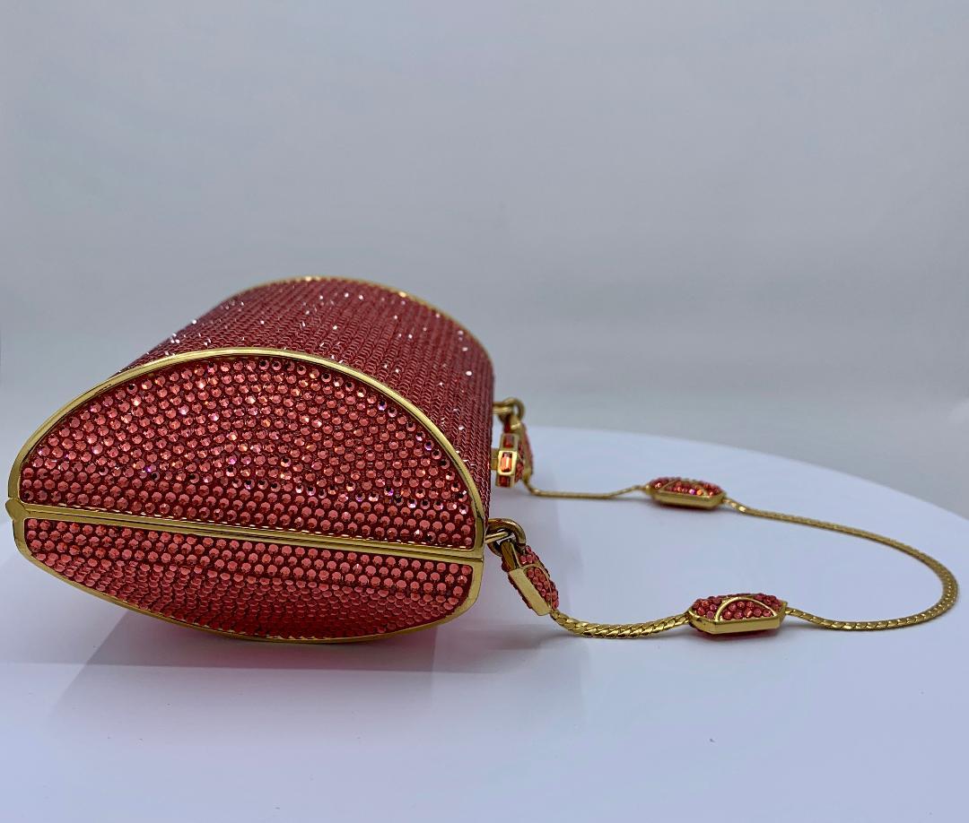 Brown Judith Leiber Coral Crystal Minaudiere With Fancy Clasp and Jeweled Chain Handle