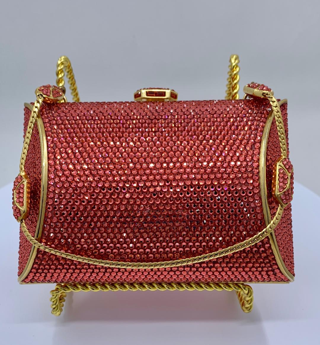 Judith Leiber Coral Crystal Minaudiere With Fancy Clasp and Jeweled Chain Handle In Good Condition In Tustin, CA