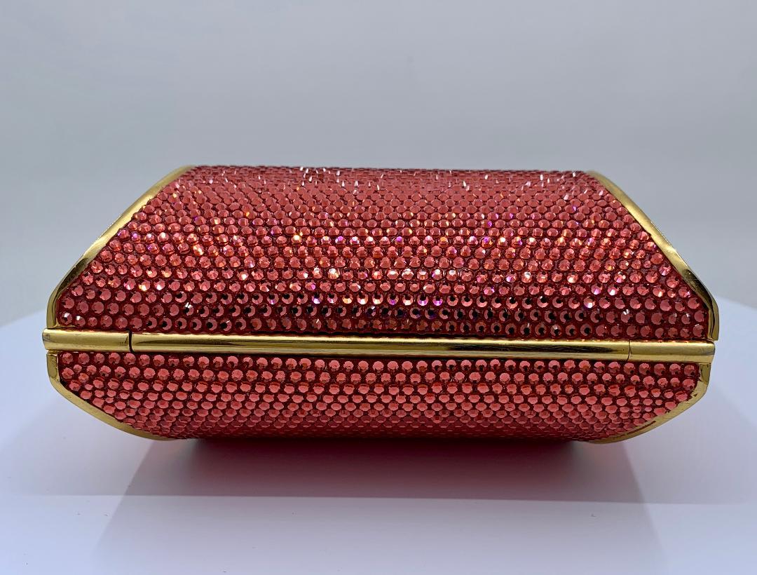 Women's Judith Leiber Coral Crystal Minaudiere With Fancy Clasp and Jeweled Chain Handle