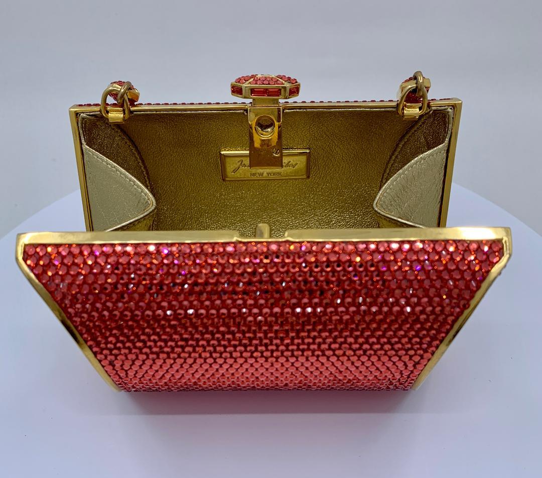 Judith Leiber Coral Crystal Minaudiere With Fancy Clasp and Jeweled Chain Handle 1