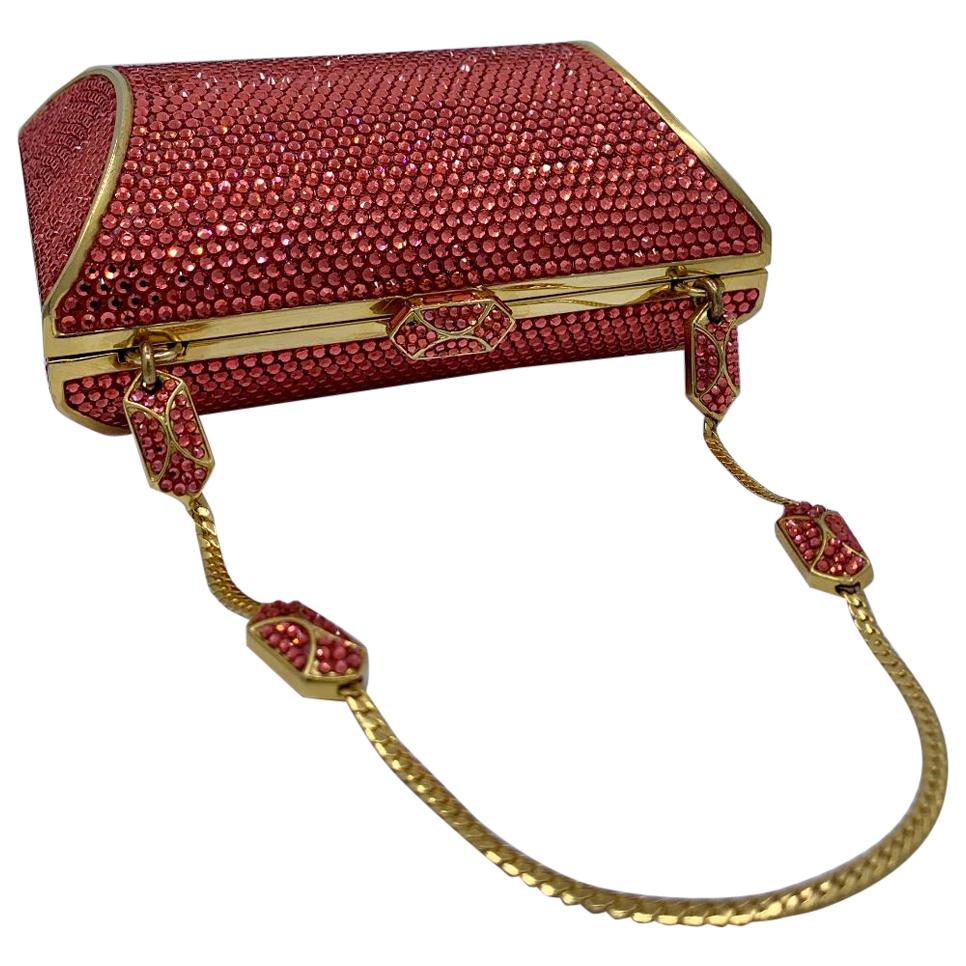 Judith Leiber Coral Crystal Minaudiere With Fancy Clasp and Jeweled Chain Handle