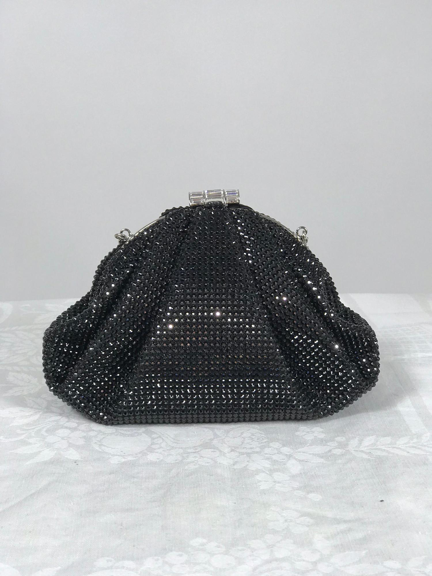 Judith Leiber Couture black rhinestone, crystal rhinestone and silver metal chain handle, silver metal frame evening bag from 2016, original price $3495. This bag is barely, if ever used. Comes with the box and protector bag. The bag is pleated with