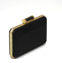 Judith Leiber Couture Black Satin Box Clutch with Gold Trim and Push-Lock Closur
