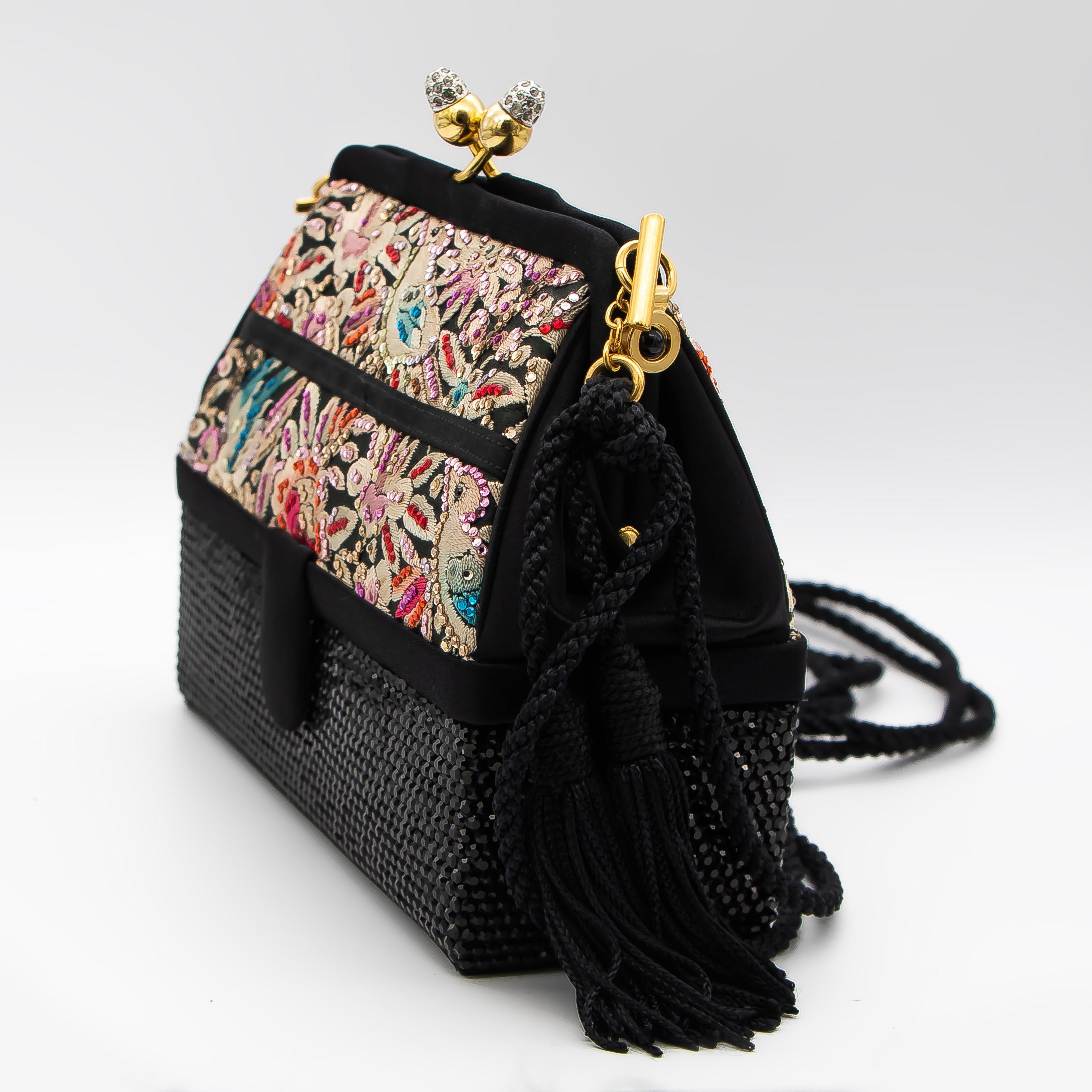 Black Judith Leiber Couture Collectible Multicolored Embroidered & Bedazzled Handbag